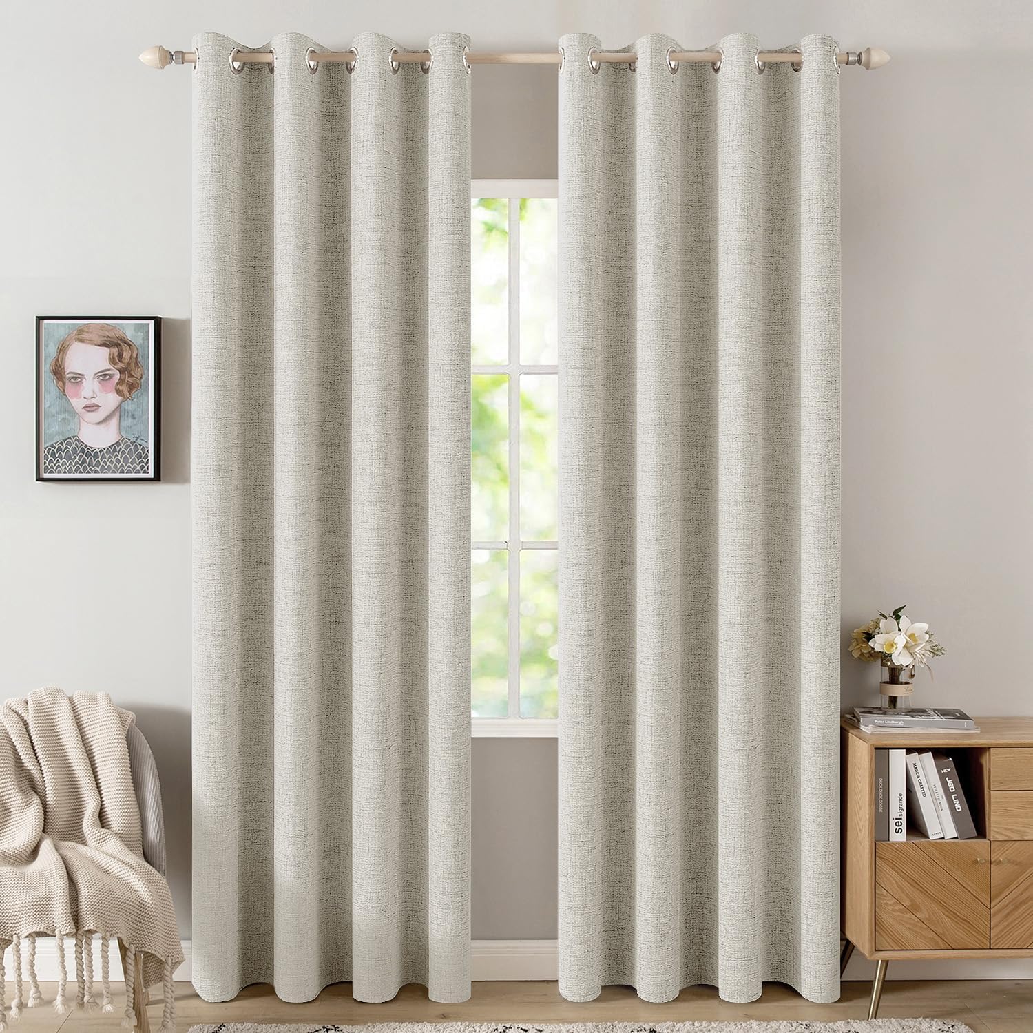 MIULEE 100% Blackout Linen Textured Curtains for Bedroom Solid Thermal Insulated Natural Beige Grommet Room Darkening Curtains & Drapes Luxury Decor for Living Room Nursery 52 x 96 Inch (2 Panels)