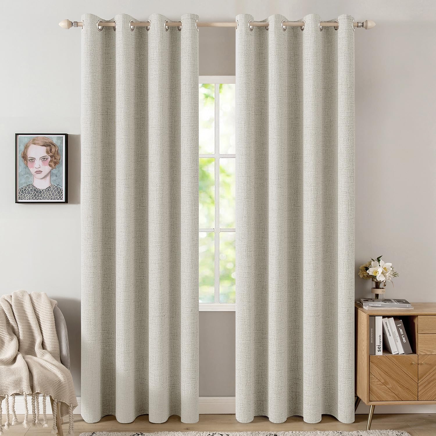 MIULEE 100% Blackout Linen Textured Curtains for Bedroom Solid Thermal Insulated Cream Grommet Room Darkening Curtains & Drapes Luxury Decor for Living Room Nursery 52 x 84 Inch (2 Panels)