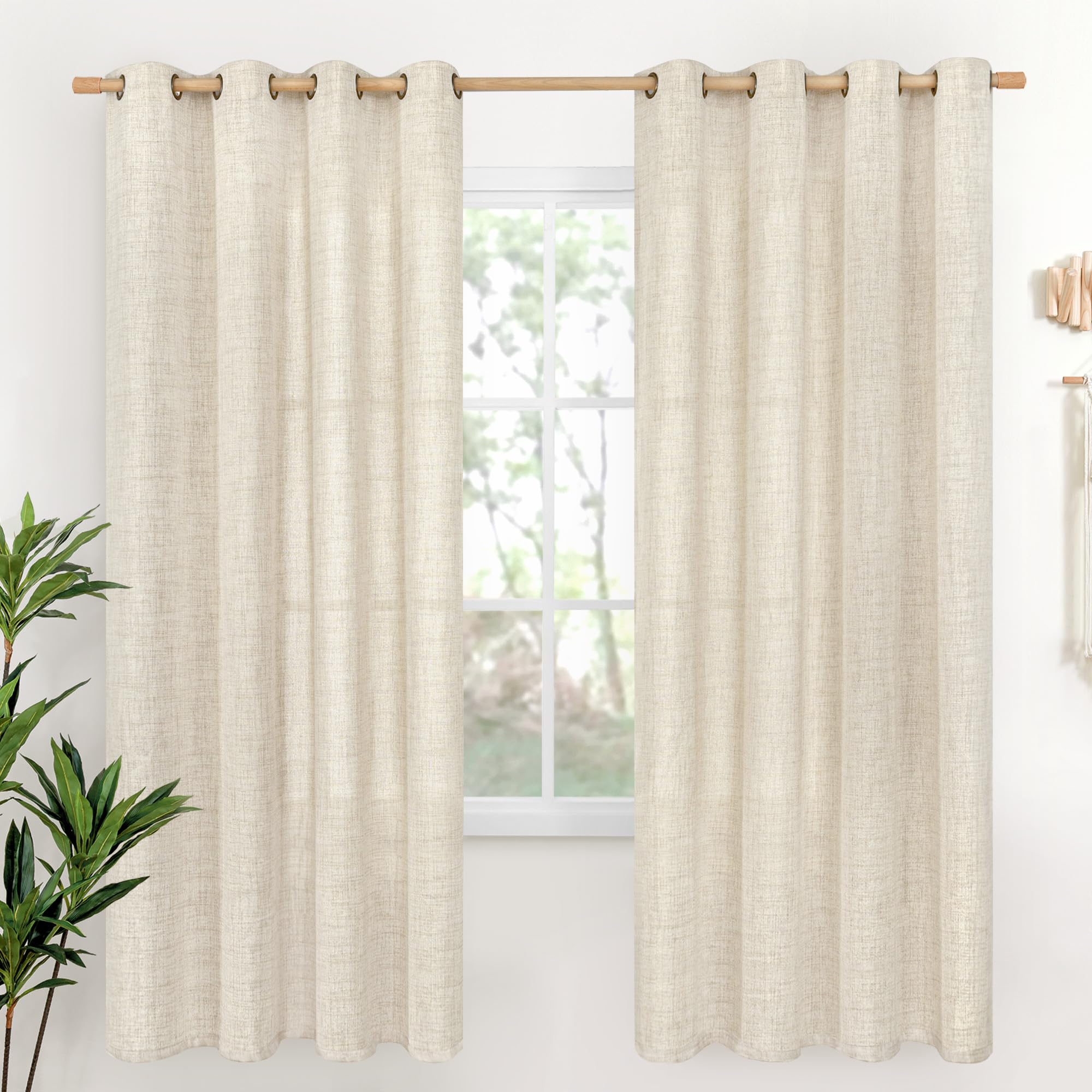 YoungsTex Linen Semi Sheer Curtains 63 Inch Length 2 Panels for Living Room - Light Filtering Drapes with Bronze Grommet Beige Window Treatments for Country Office Bedroom, 52 X 63 Inch