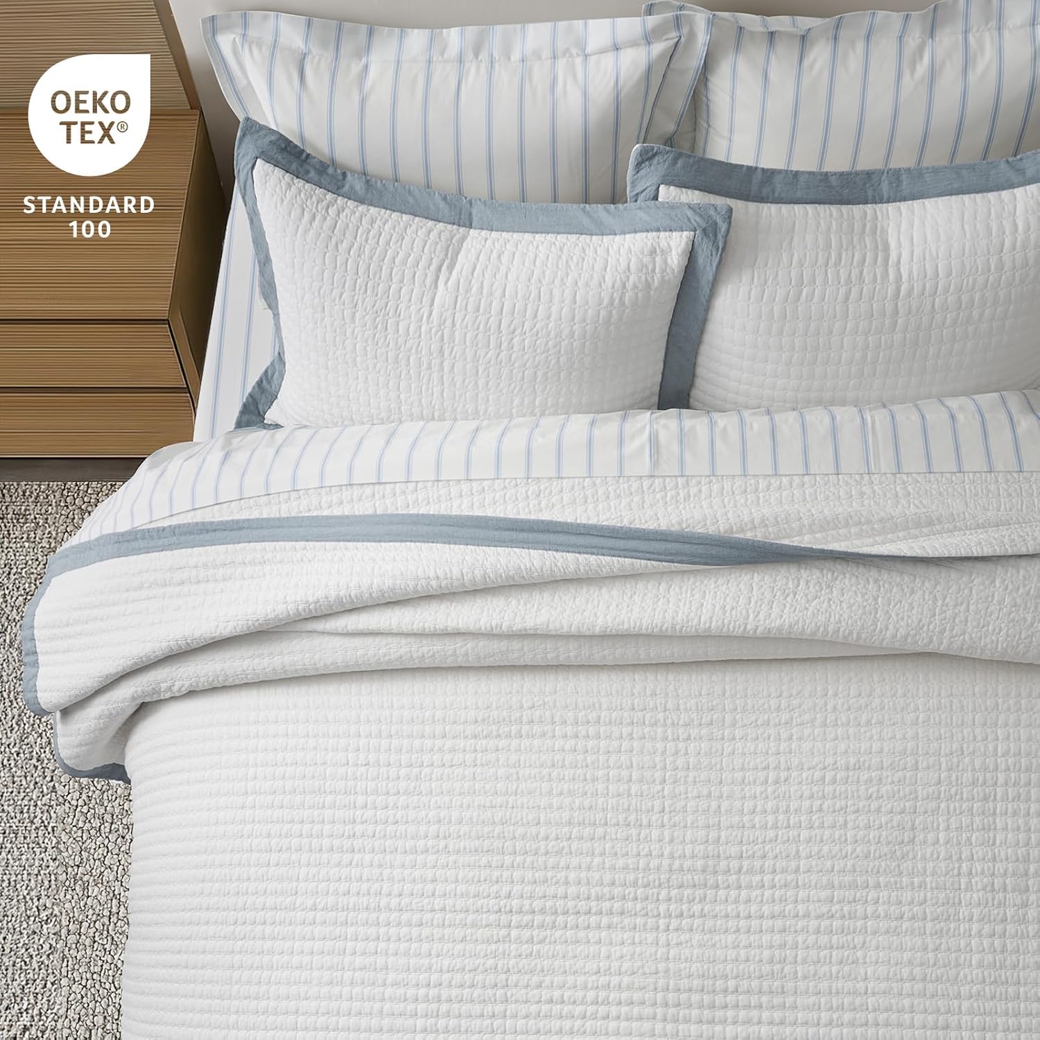 EVERGRACE Cotton Border Frame Tack-Stitch Quilt Bedding Set King Size, Coastal Oversized 3 Pieces Lightweight Bedspread Coverlet for All Season, with 2 Matching Shams, Blue Linen | Pick-Stitch Channel, Border Frame, Pre Washed, Oeko-Tex Certified, 100% Co