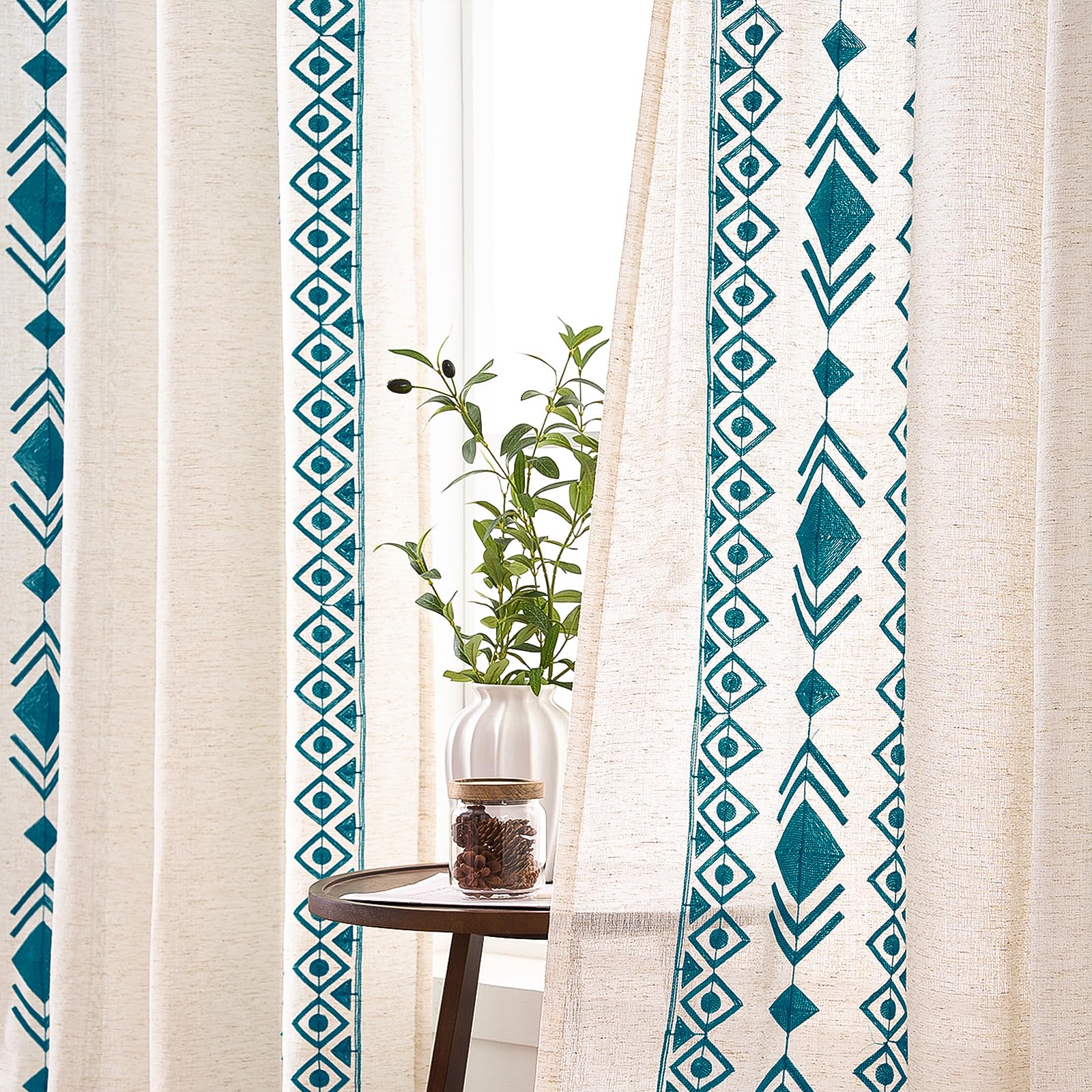 Beige Boho Curtains 63 Inches Long 2 Panels Neutral Linen Textured Curtains for Living Room Bedroom Cream Geometric Embroidered Grommet Top Light Filtering Window Drapes Taupe on Beige