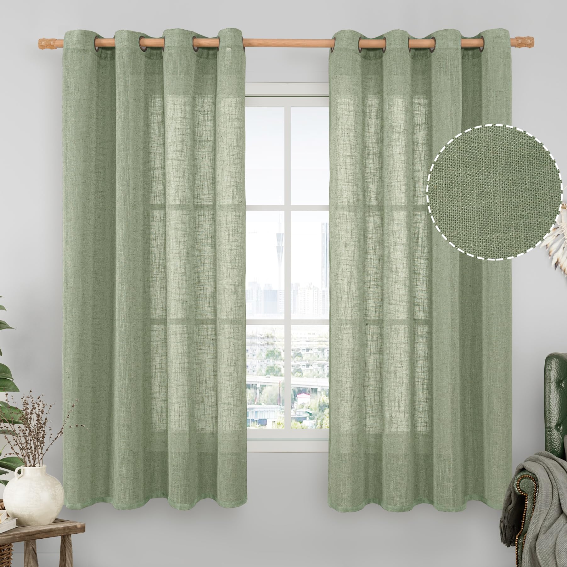 LAMIT Natural Ivory Linen Semi Sheer Curtains 84 inch Length, Cream Light Filtering Soft Thick Neutral Living Room Drapes with Bronze Grommet for Bedroom/Farmhouse, 2 Panels, 52 x 84 Inch