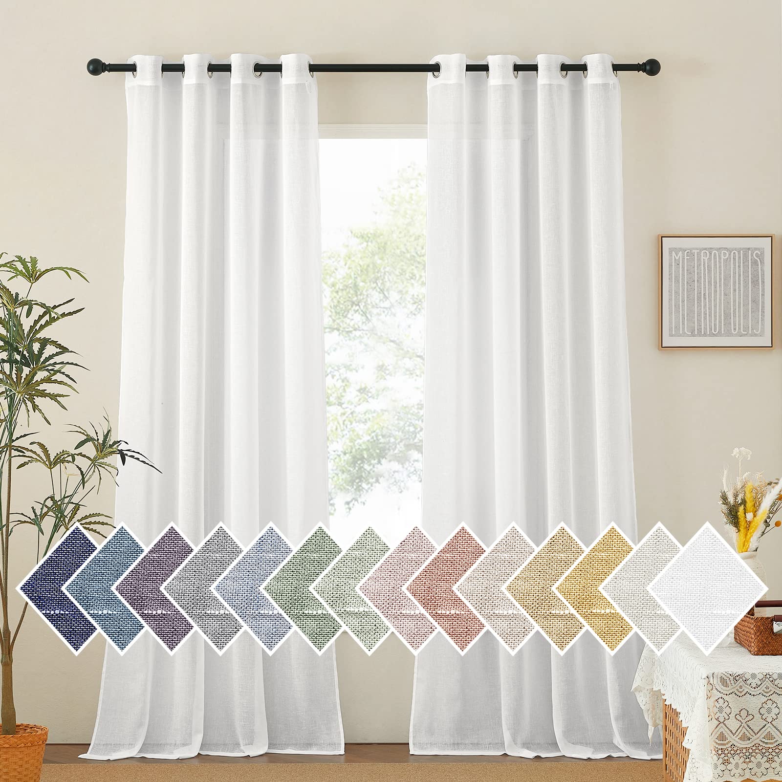 NICETOWN Semi Sheer Linen Curtains for Bedroom 84 inches Long, Grommet Privacy Vertical Farmhouse Window with Light Filtering for Living Room, Natural, W52 x L84, 2 Pieces