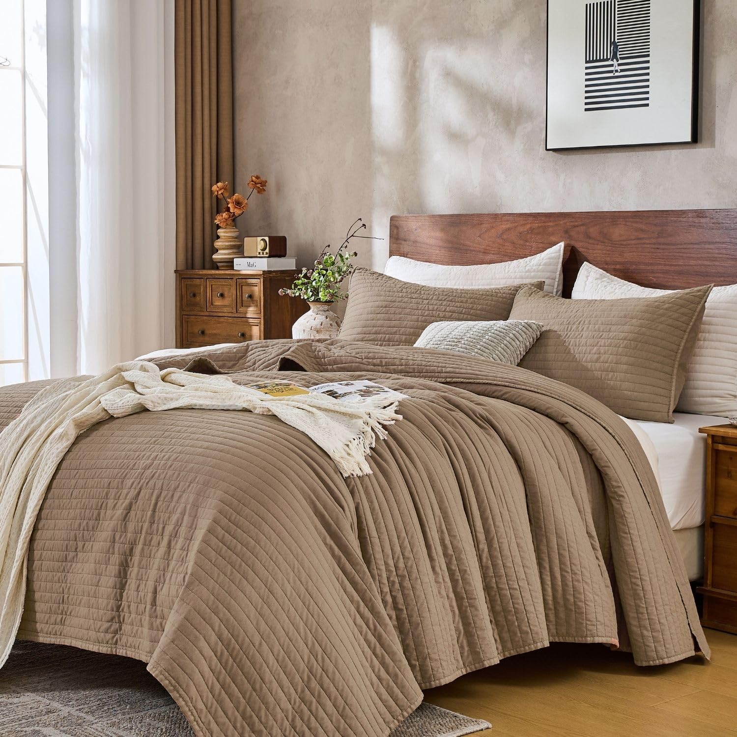 DOWN HOME Queen Quilt Bedding Set with Shams, Vintage Washed Soft Quilted Blanket Thin Comforter Lightweight Bedspread Coverlet Bed Cover, Brushed Microfiber Stripe Stitching, Linen White, 86"x90"
