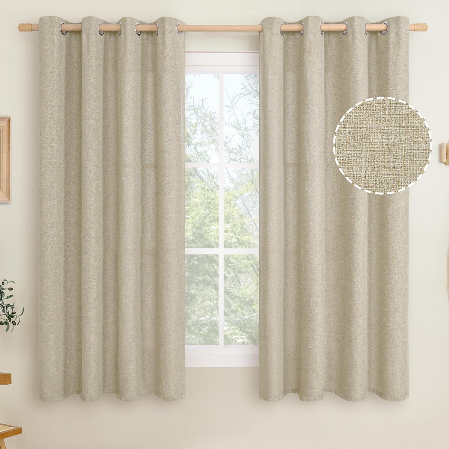 LAMIT Linen Curtains 84 inch Length 2 Panels, Grommet Thick Soft Light Filtering Curtains Privacy Living Room Window Drapes for Bedroom/Farmhouse, W52 x L84, Natural Beige