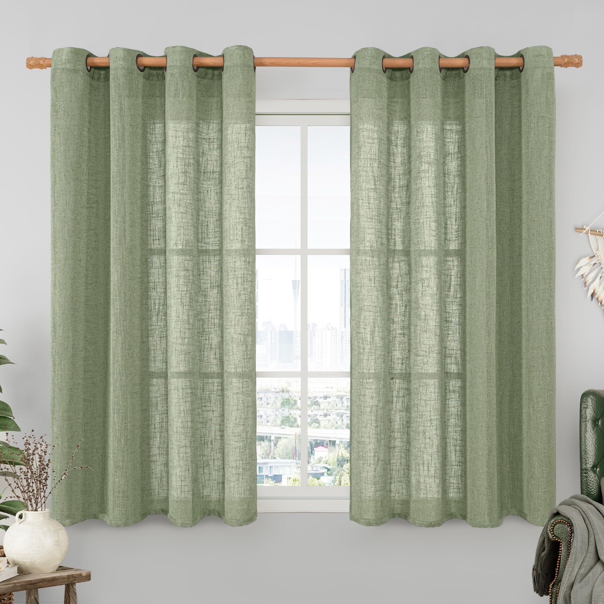 LAMIT Natural Ivory Linen Semi Sheer Curtains 84 inch Length, Cream Light Filtering Soft Thick Neutral Living Room Drapes with Bronze Grommet for Bedroom/Farmhouse, 2 Panels, 52 x 84 Inch