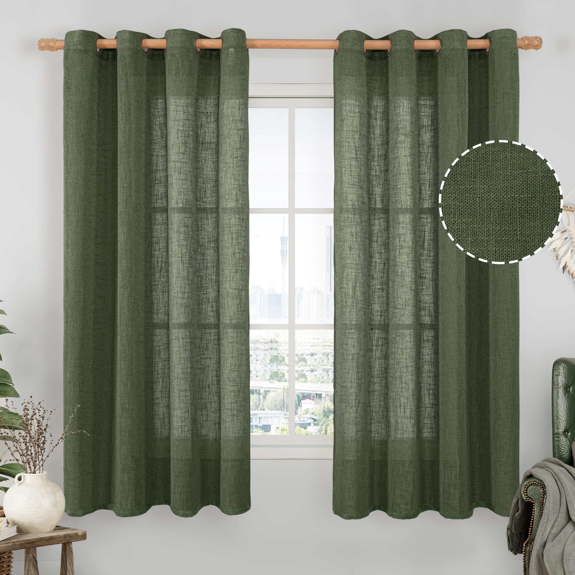 LAMIT Natural Ivory Linen Semi Sheer Curtains 84 inch Length, Cream Light Filtering Soft Thick Neutral Living Room Drapes with Bronze Grommet for Bedroom/Farmhouse, 2 Panels, 52 x 84 Inch
