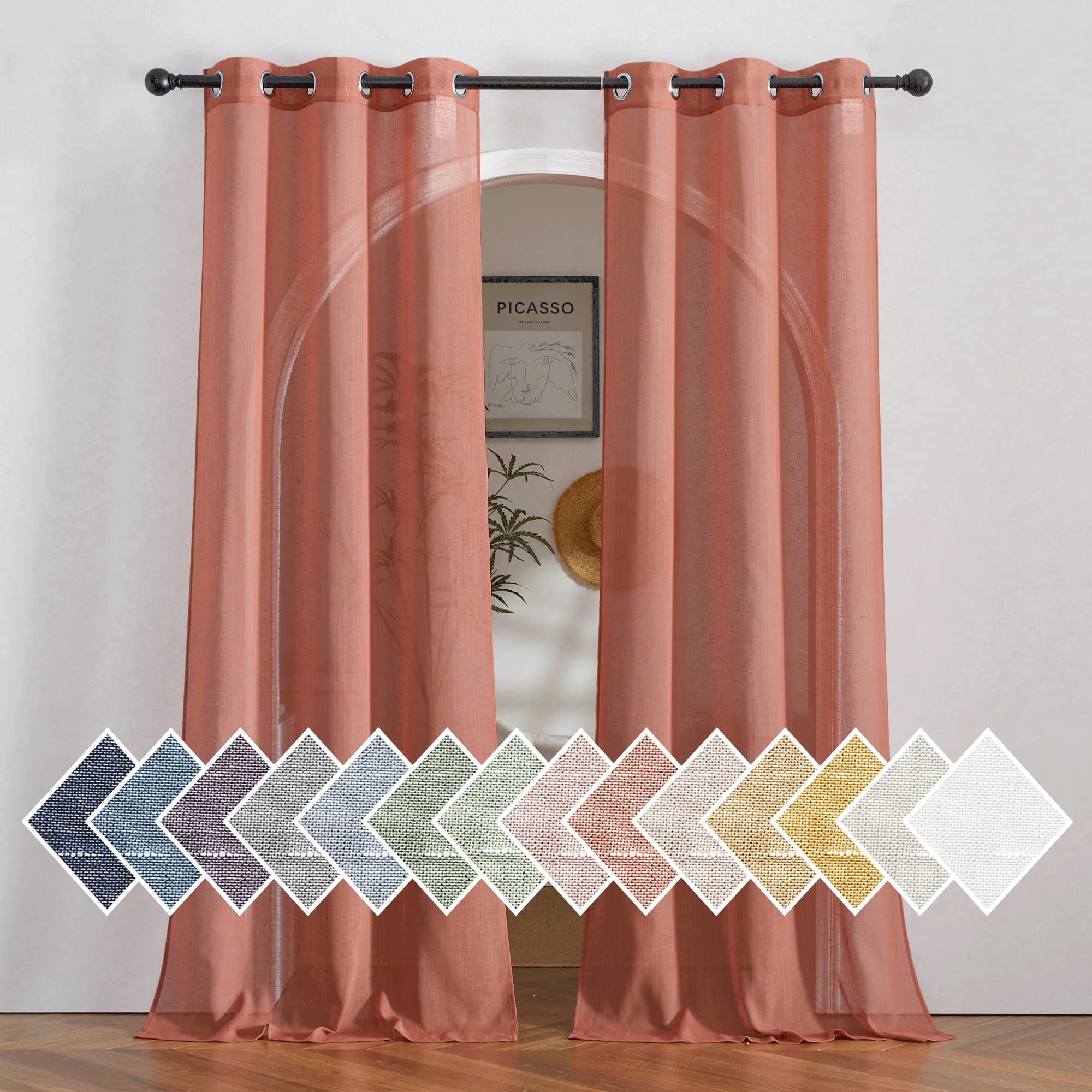 NICETOWN Semi Sheer Linen Curtains for Bedroom 84 inches Long, Grommet Privacy Vertical Farmhouse Window with Light Filtering for Living Room, Natural, W52 x L84, 2 Pieces