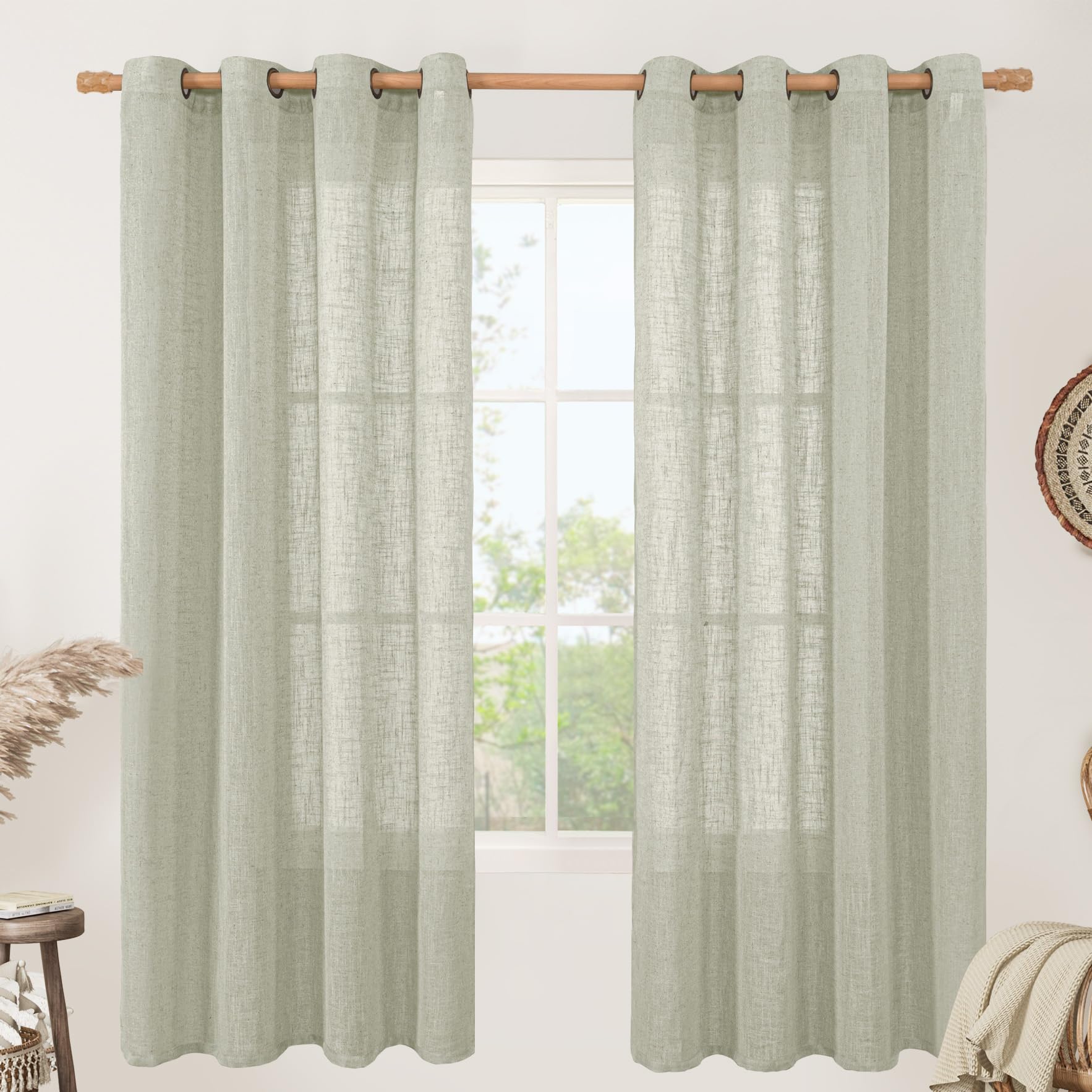 LAMIT Natural Ivory Linen Semi Sheer Curtains 84 inch Length, Cream Light Filtering Soft Thick Neutral Living Room Drapes with Bronze Grommet for Bedroom/Farmhouse, 2 Panels, 52 x 84 Inch