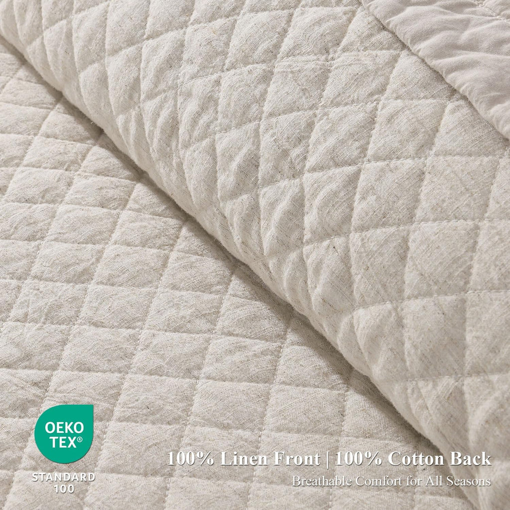 Grassix Linen Quilt Set King Size 3-Piece, 100% Linen Front & Cotton Back, Prewashed Diamond Stitch Bedspread with 2 Shams, Lightweight Breathable Quilt for Hot Sleepers, Modern Farmhouse Bedding