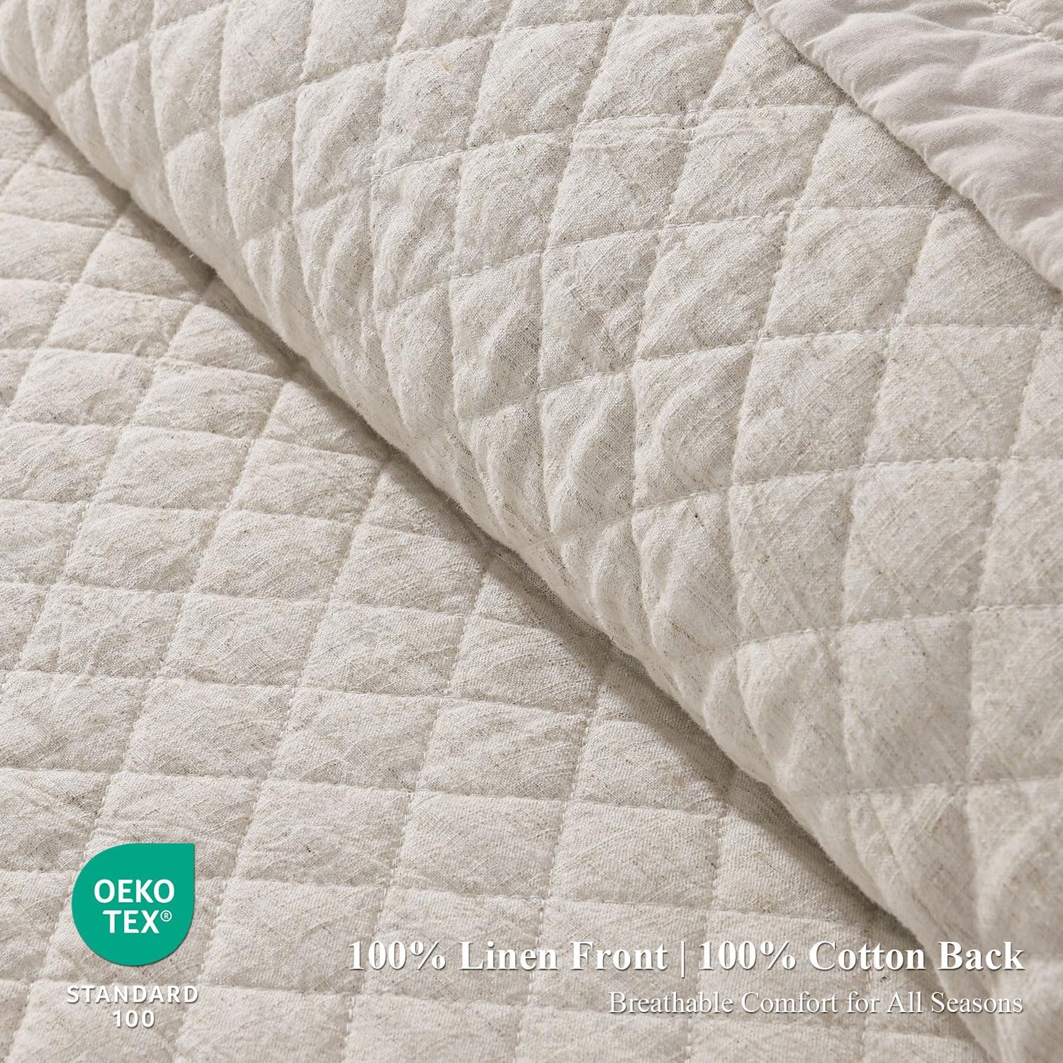 Grassix Linen Quilt Set King Size 3-Piece, 100% Linen Front & Cotton Back, Prewashed Diamond Stitch Bedspread with 2 Shams, Lightweight Breathable Quilt for Hot Sleepers, Modern Farmhouse Bedding