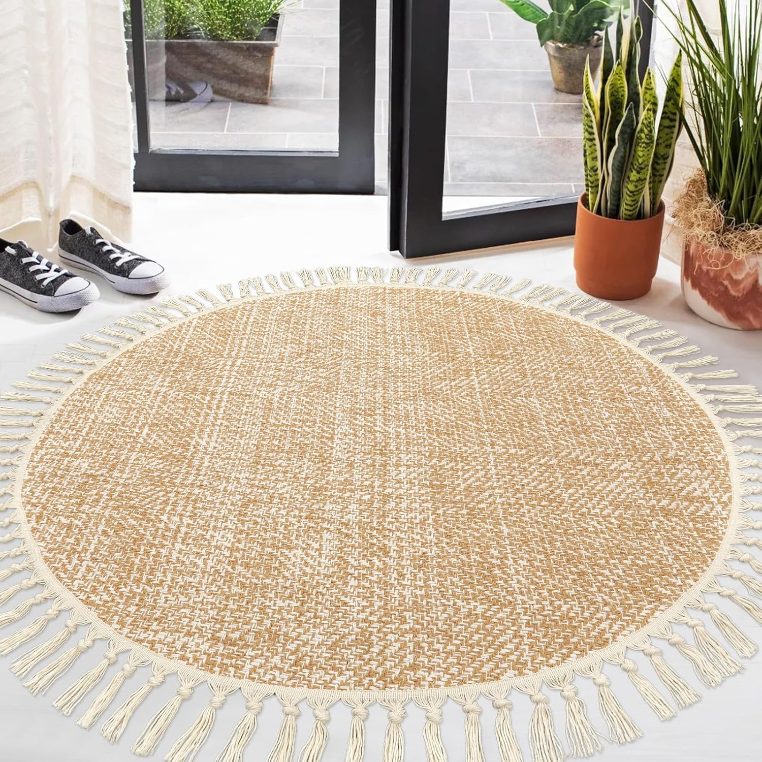Collive 4x6 Area Rug, Natural/Black Woven Cotton Washable Modern Bedroom Rugs, Boho Dining Room Door Rug Carpet with Tassel for Living Room Nursery Room Office, Outdoor Rug for Patio Hallway Decor