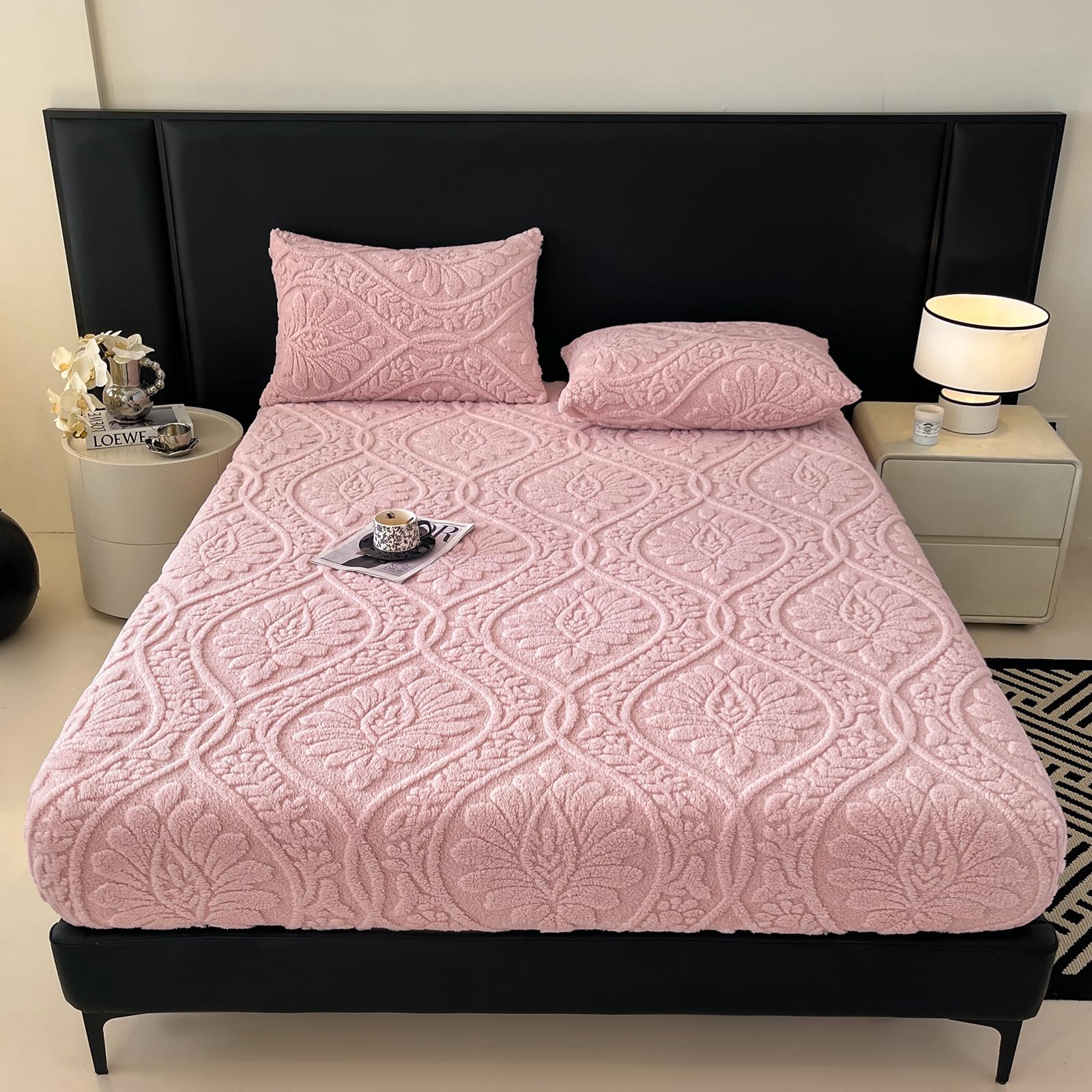 LweiPsqLin Fluffy Velvet Fitted Sheet Full Size - Micro Fleece Bed Sheet with 15" Deep Pockets, Bohemian Floral Jacquard Mattress Cover, Shrink & Fade Resistant, Khaki
