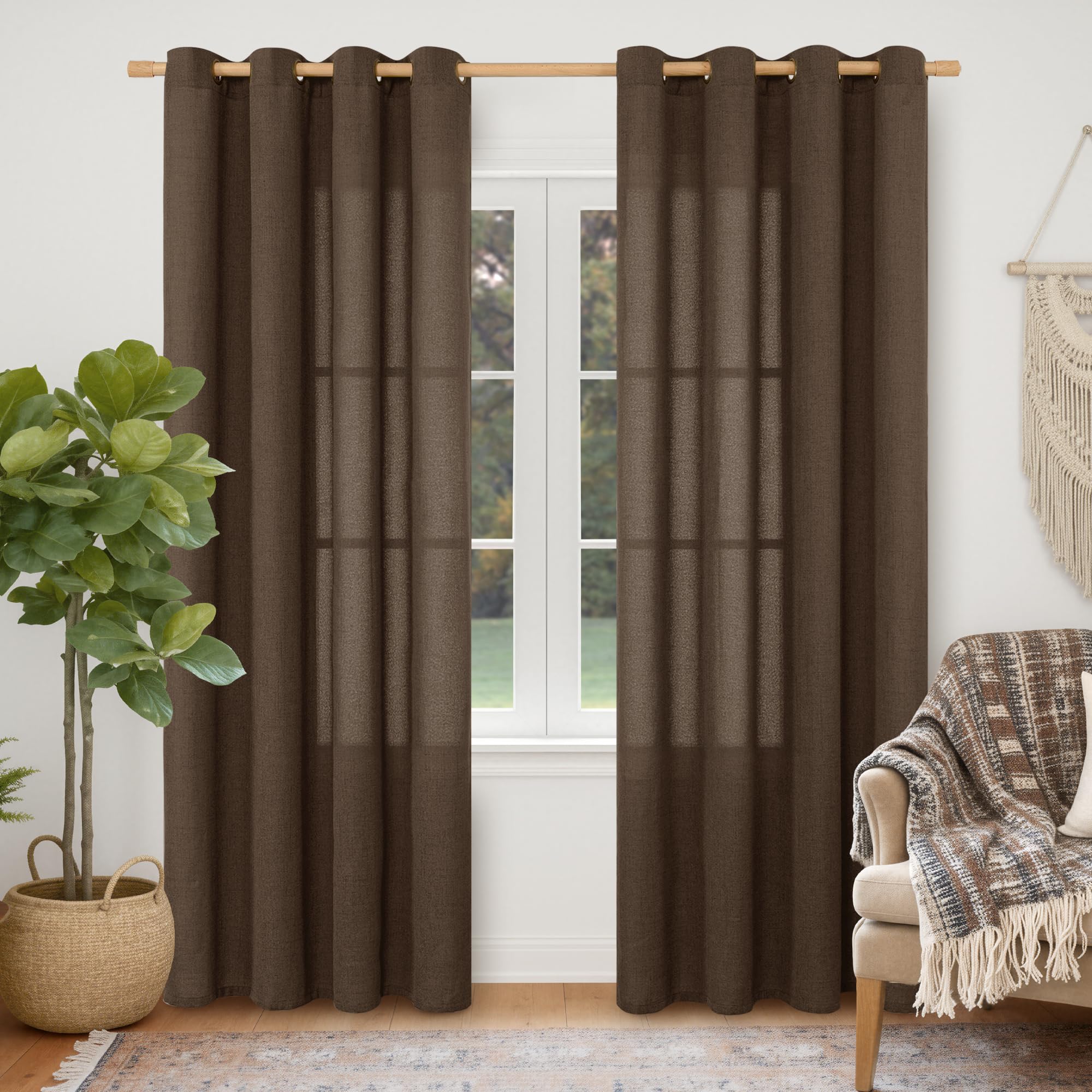 YoungsTex Linen Semi Sheer Curtains 63 Inch Length 2 Panels for Living Room - Light Filtering Drapes with Bronze Grommet Beige Window Treatments for Country Office Bedroom, 52 X 63 Inch