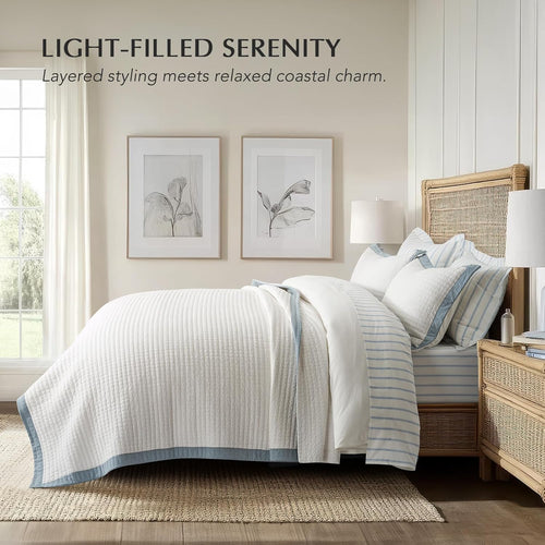 EVERGRACE Cotton Border Frame Tack-Stitch Quilt Bedding Set King Size, Coastal Oversized 3 Pieces Lightweight Bedspread Coverlet for All Season, with 2 Matching Shams, Blue Linen | Pick-Stitch Channel, Border Frame, Pre Washed, Oeko-Tex Certified, 100% Co