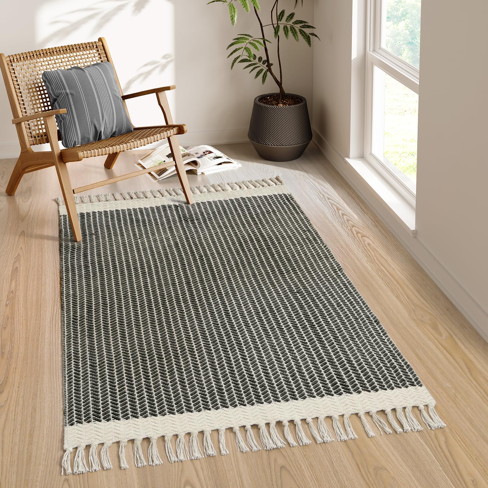 Lahome Belle Boho Entryway Rug, 3x5 Rugs for Bedroom Lightweight Washable Throw Rug Woven Cotton Bathroom Carpet with Tassels, Farmhouse Black and White Rugs for Living Room Kitchen Office Dorm