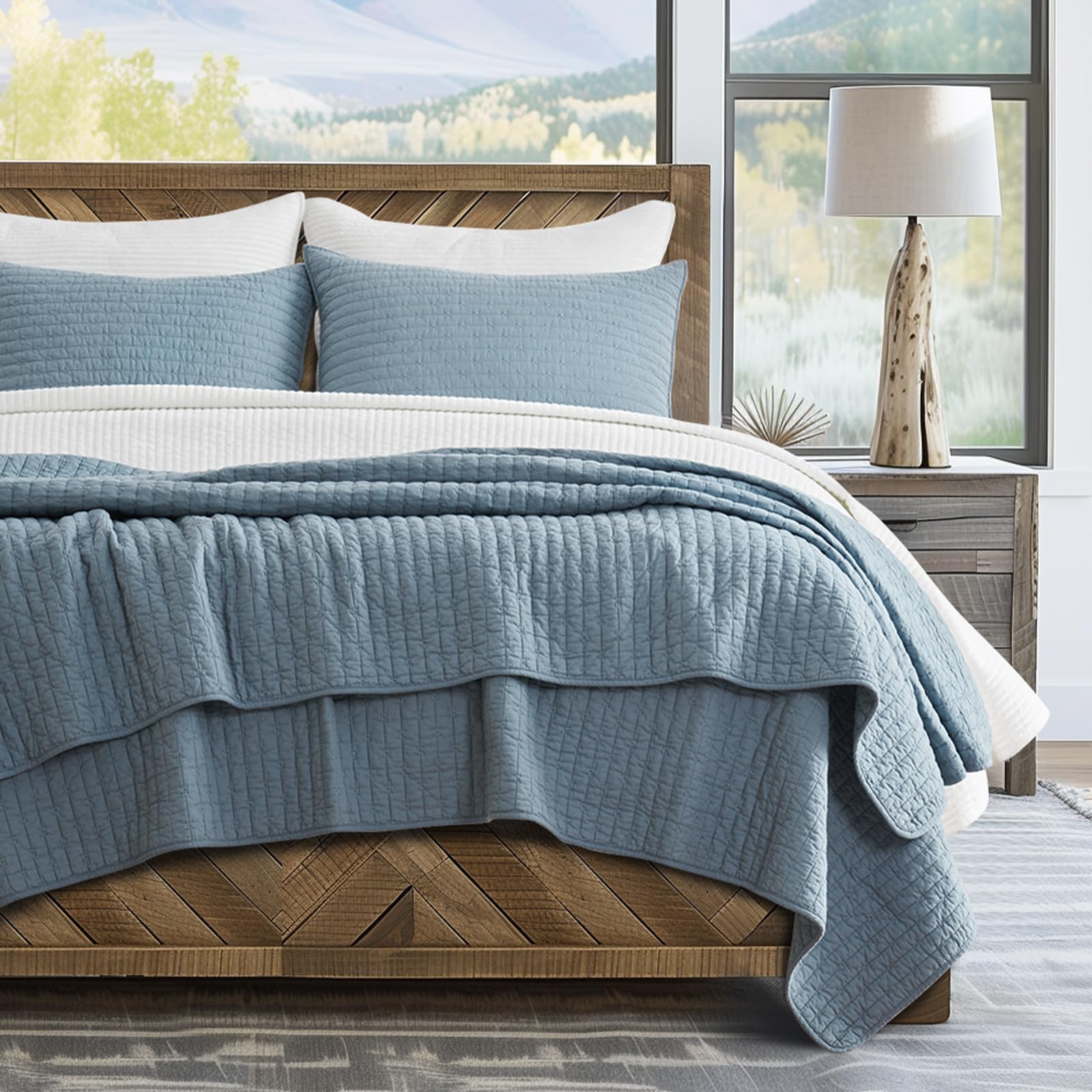 EVERGRACE Cotton Border Frame Tack-Stitch Quilt Bedding Set King Size, Coastal Oversized 3 Pieces Lightweight Bedspread Coverlet for All Season, with 2 Matching Shams, Blue Linen | Pick-Stitch Channel, Border Frame, Pre Washed, Oeko-Tex Certified, 100% Co