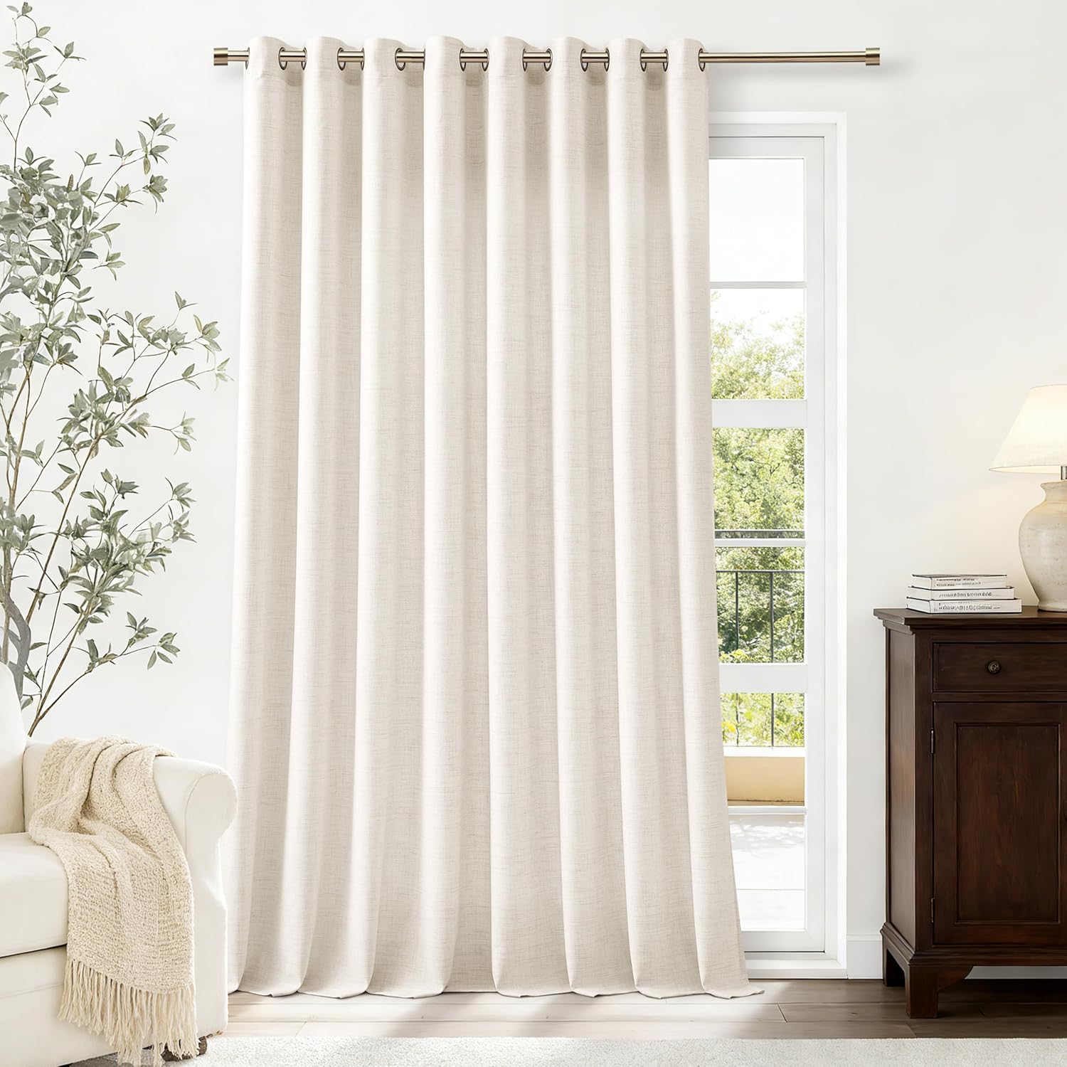 Natural Linen Curtains 96 Inches Long 2 Panels Bronze Grommet Curtain Burlap Ivory Cream Colored Light Filtering Semi Sheer Drapes Thick Linen Blend Floor to Ceiling Length Living Room 8ft