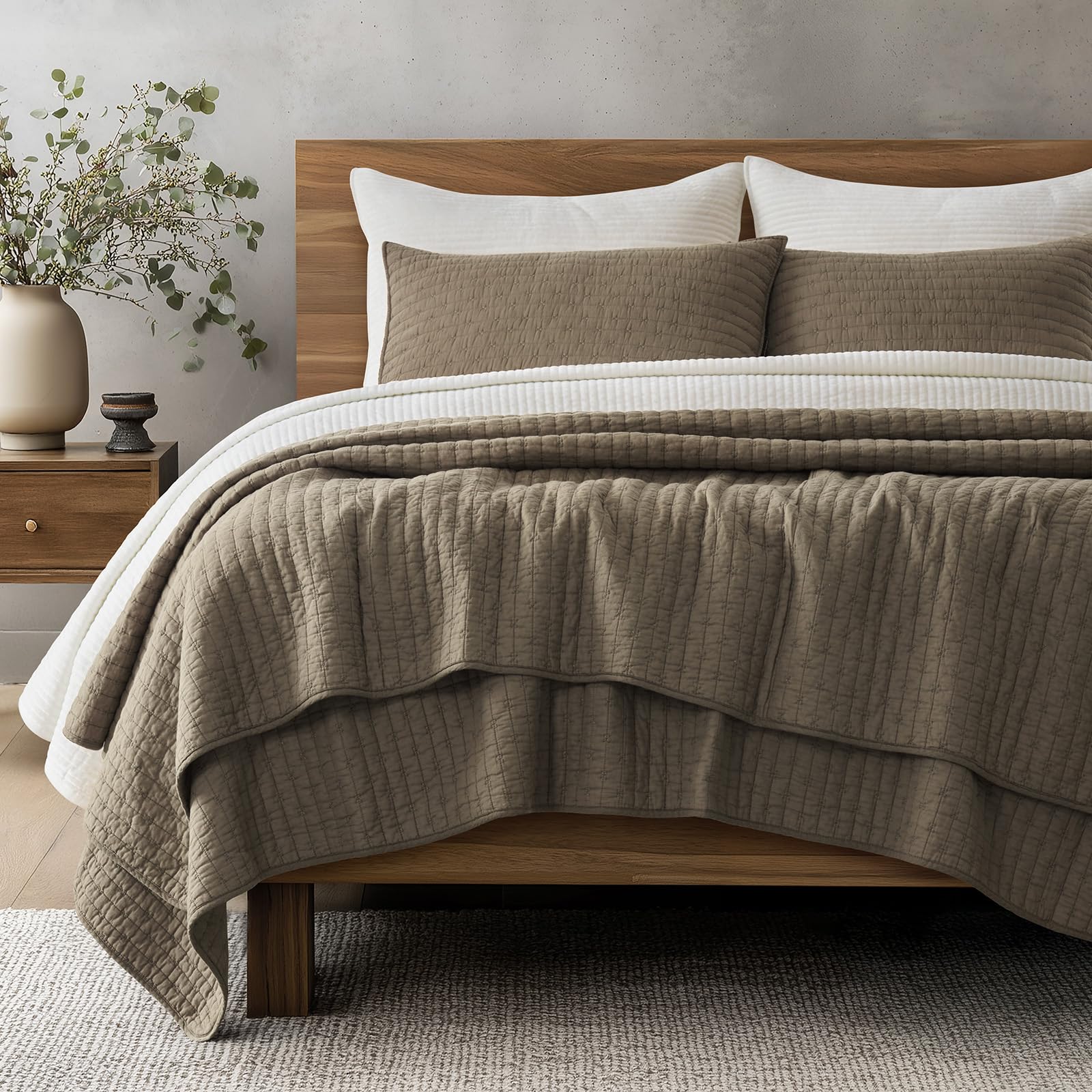 EVERGRACE Cotton Border Frame Tack-Stitch Quilt Bedding Set King Size, Coastal Oversized 3 Pieces Lightweight Bedspread Coverlet for All Season, with 2 Matching Shams, Blue Linen | Pick-Stitch Channel, Border Frame, Pre Washed, Oeko-Tex Certified, 100% Co