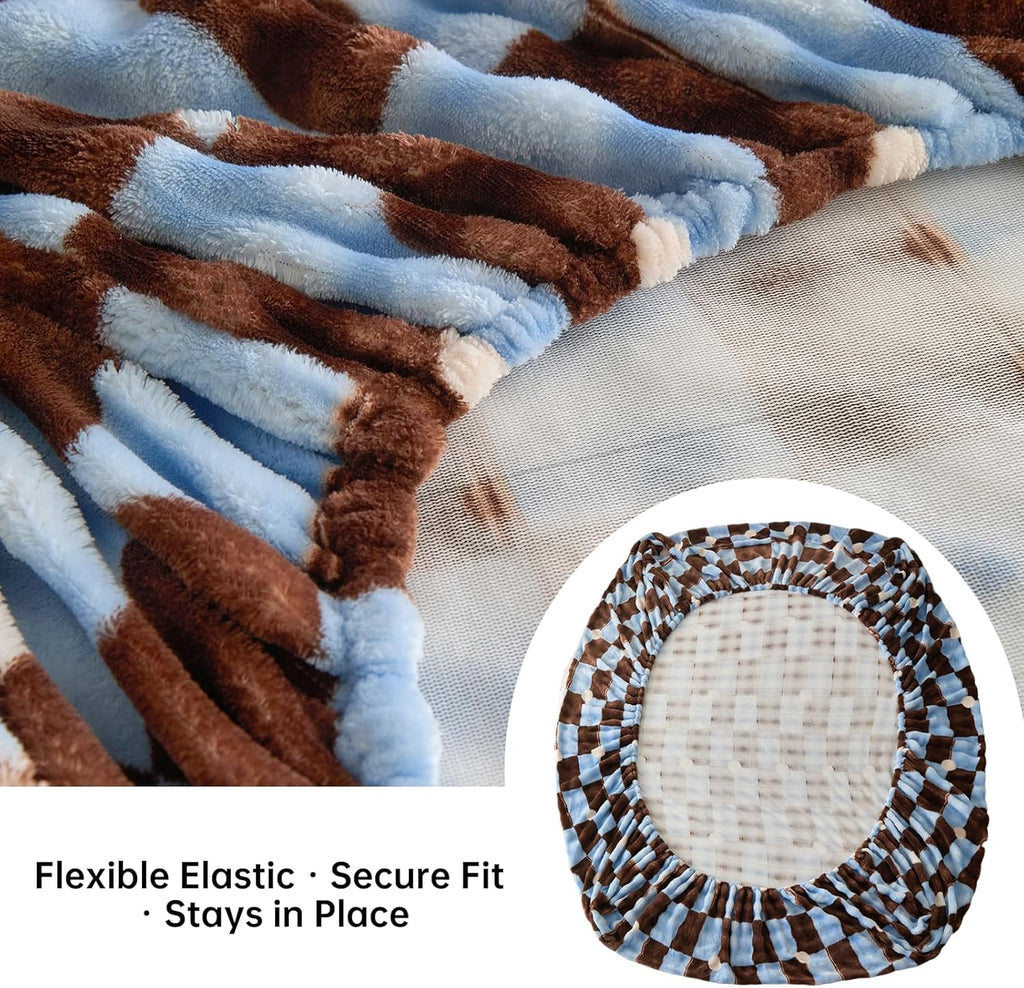 Twin Size Bed Sheet, Luxury Soft Cozy Twin Fitted Sheet with 2 PCS Pillowcases, Velvet Sheets Fits 15 inches Deep Pocket Mattress (Brown and Blue Plaid)