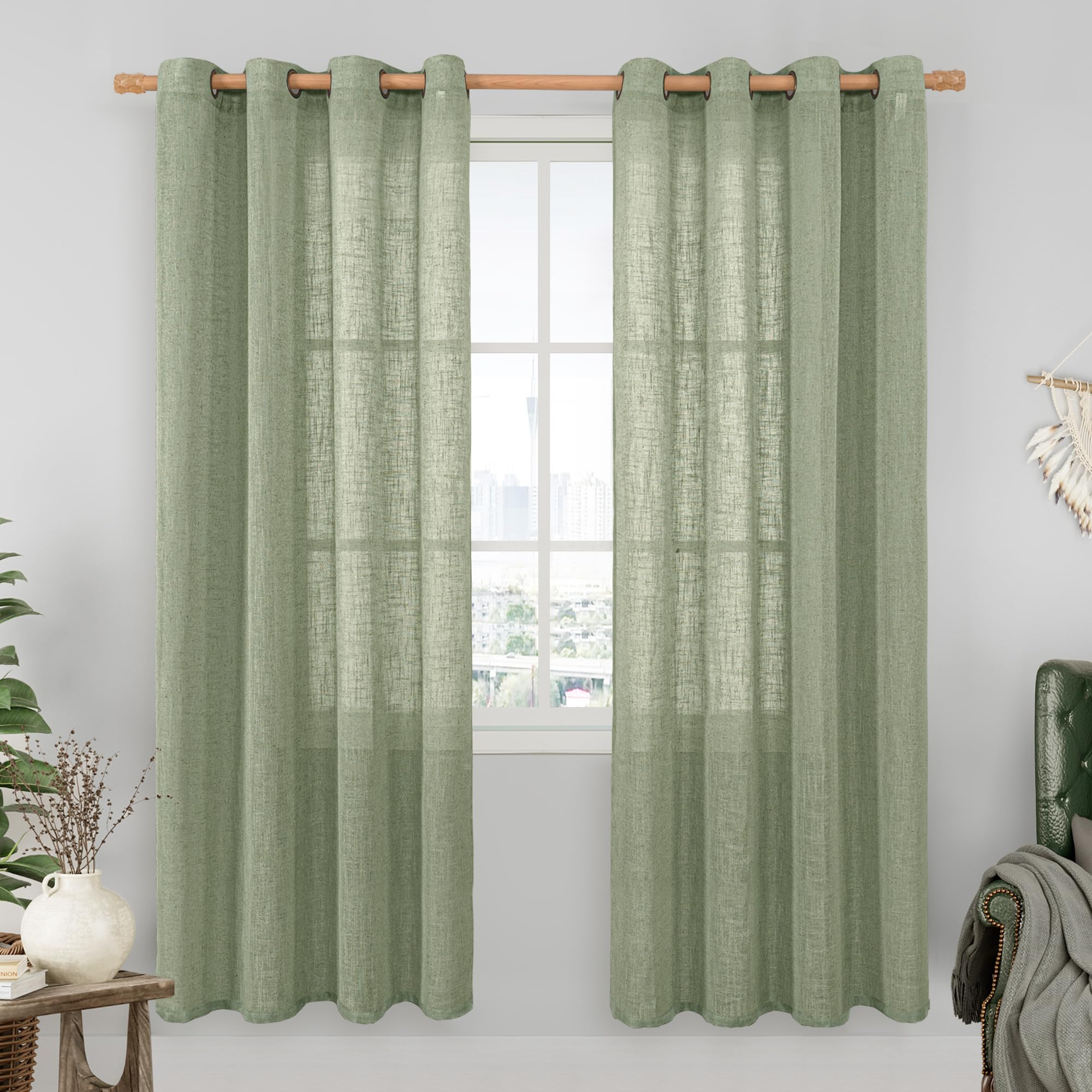 LAMIT Natural Ivory Linen Semi Sheer Curtains 84 inch Length, Cream Light Filtering Soft Thick Neutral Living Room Drapes with Bronze Grommet for Bedroom/Farmhouse, 2 Panels, 52 x 84 Inch