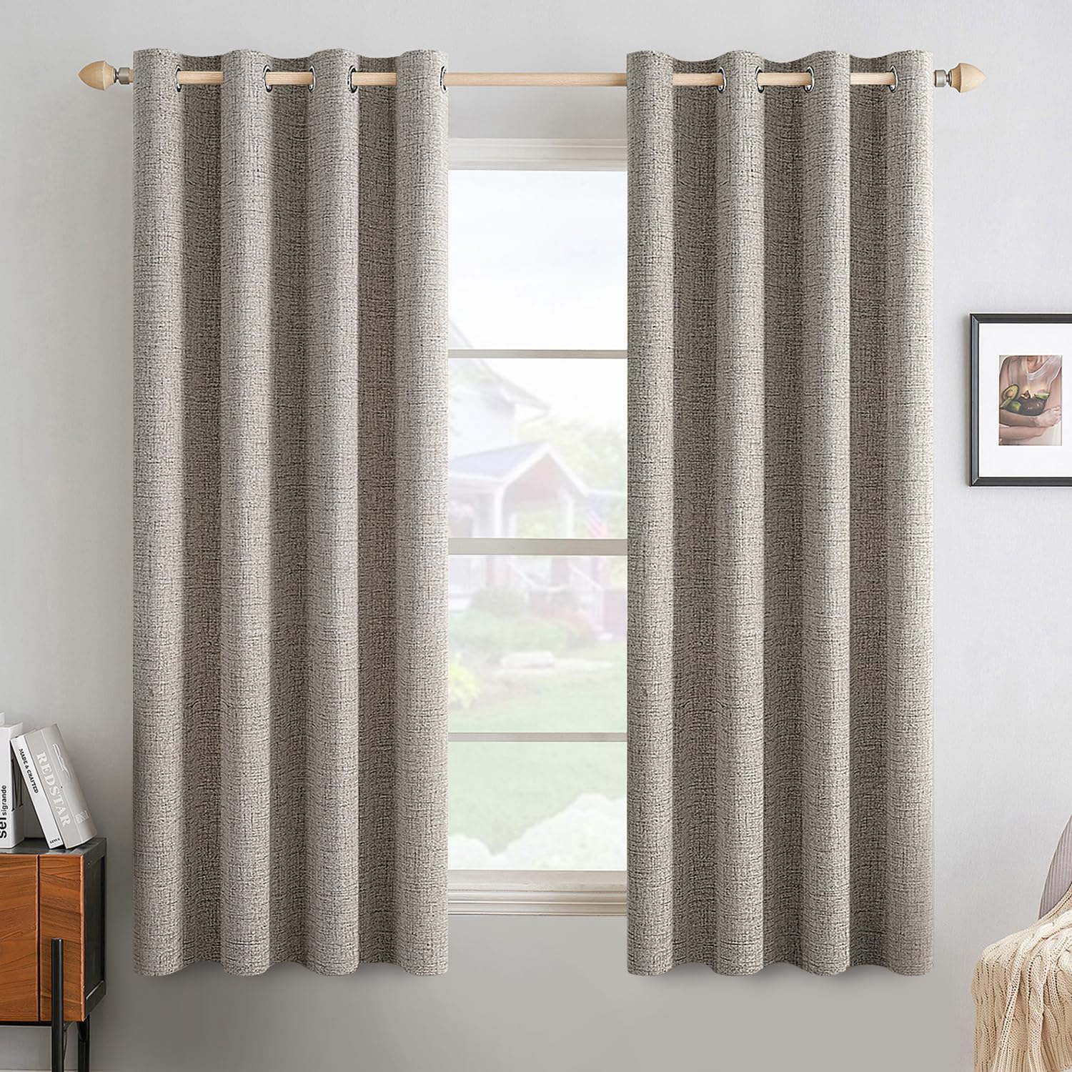 MIULEE 100% Blackout Linen Textured Curtains for Bedroom Solid Thermal Insulated Cream Grommet Room Darkening Curtains & Drapes Luxury Decor for Living Room Nursery 52 x 84 Inch (2 Panels)