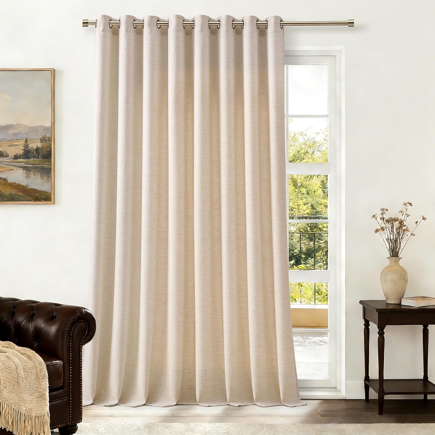 Natural Linen Curtains 96 Inches Long 2 Panels Bronze Grommet Curtain Burlap Ivory Cream Colored Light Filtering Semi Sheer Drapes Thick Linen Blend Floor to Ceiling Length Living Room 8ft