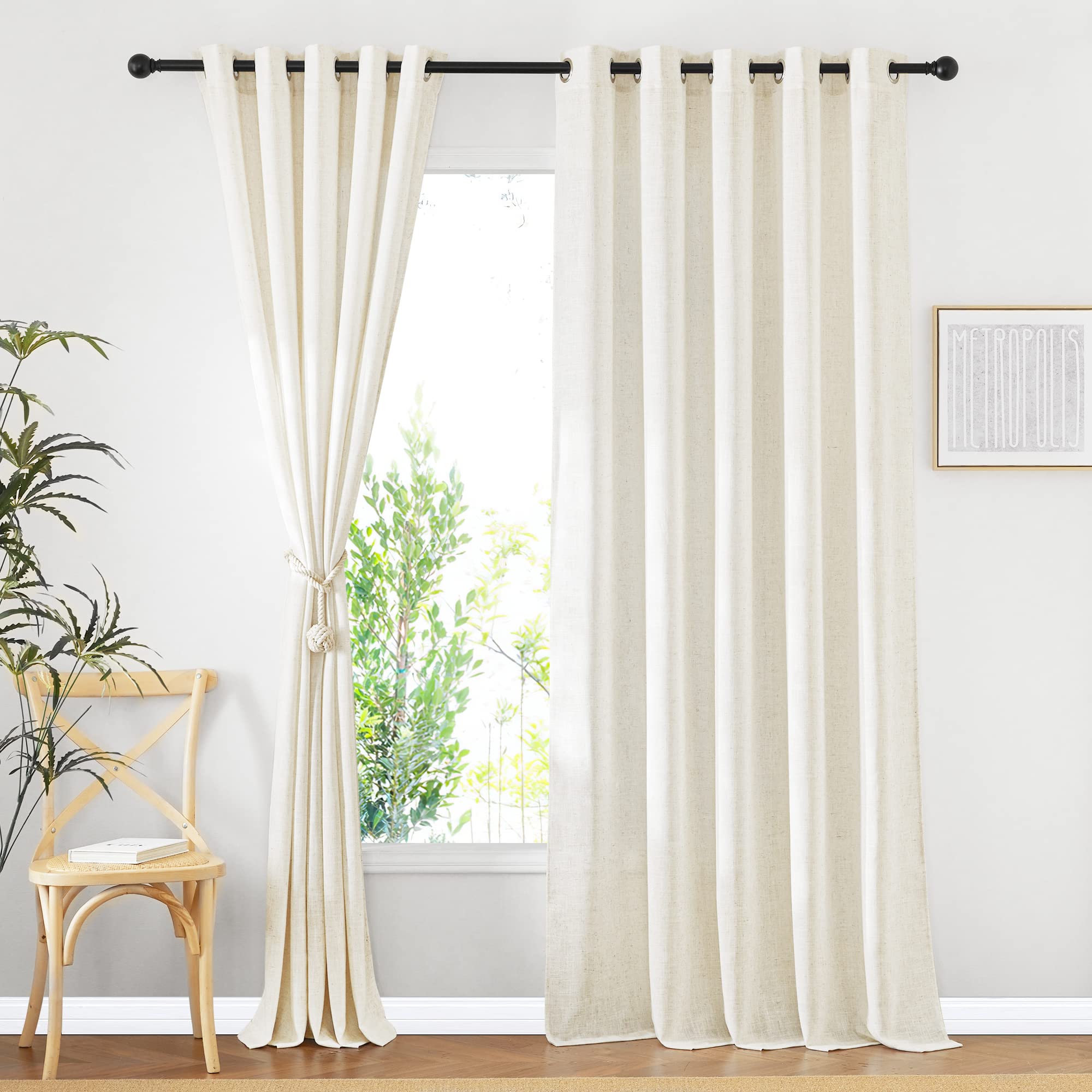 NICETOWN Semi Sheer Linen Curtains for Bedroom 84 inches Long, Grommet Privacy Vertical Farmhouse Window with Light Filtering for Living Room, Natural, W52 x L84, 2 Pieces