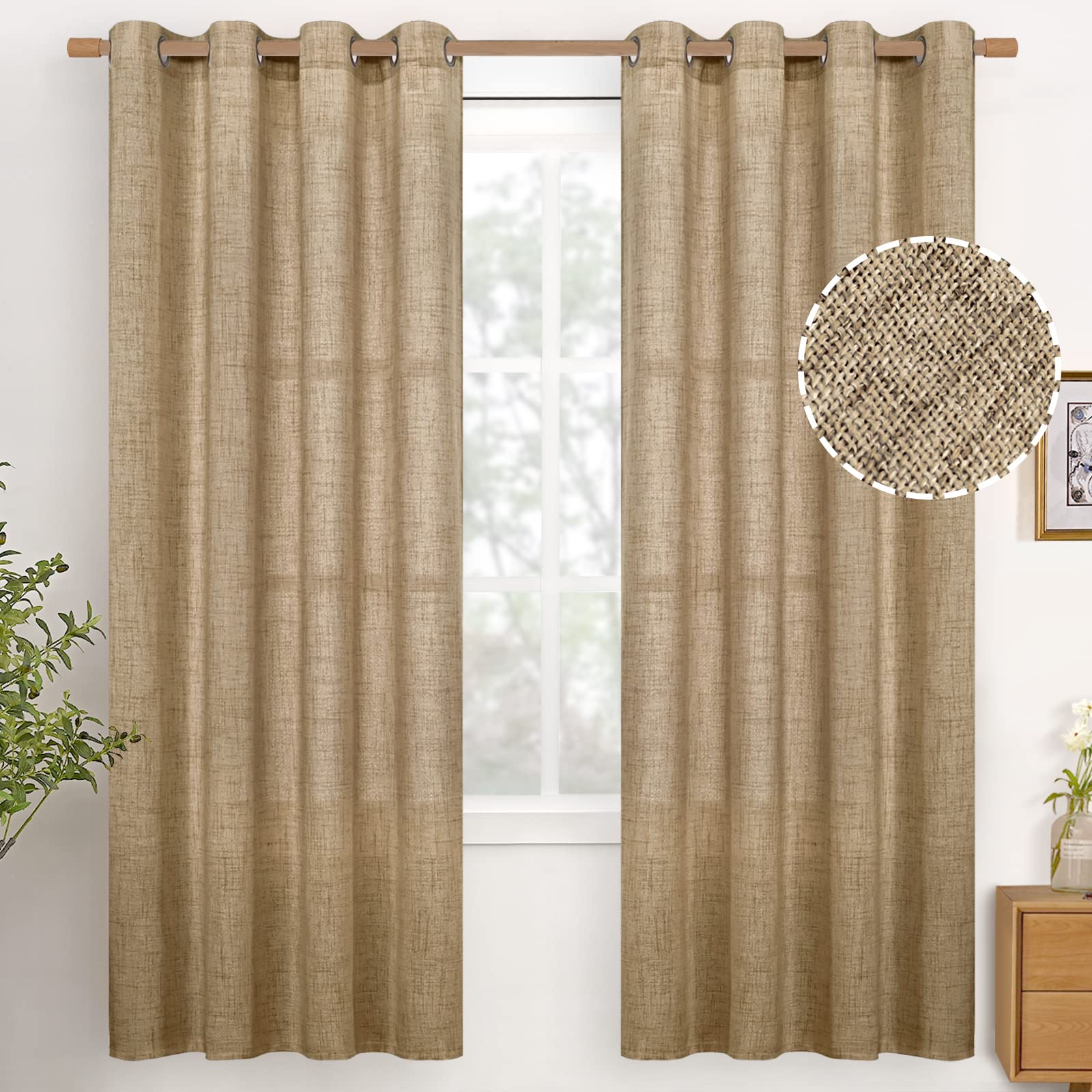 YoungsTex Linen Semi Sheer Curtains 63 Inch Length 2 Panels for Living Room - Light Filtering Drapes with Bronze Grommet Beige Window Treatments for Country Office Bedroom, 52 X 63 Inch