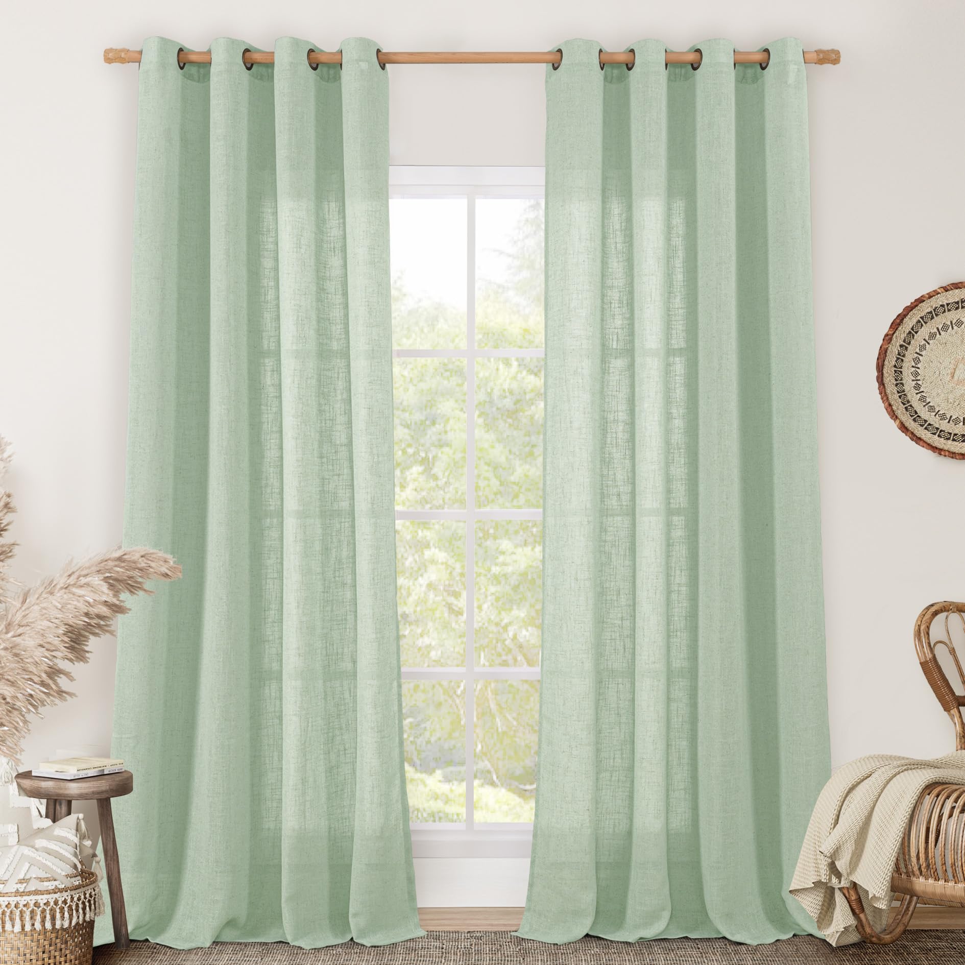 LAMIT Natural Ivory Linen Semi Sheer Curtains 84 inch Length, Cream Light Filtering Soft Thick Neutral Living Room Drapes with Bronze Grommet for Bedroom/Farmhouse, 2 Panels, 52 x 84 Inch