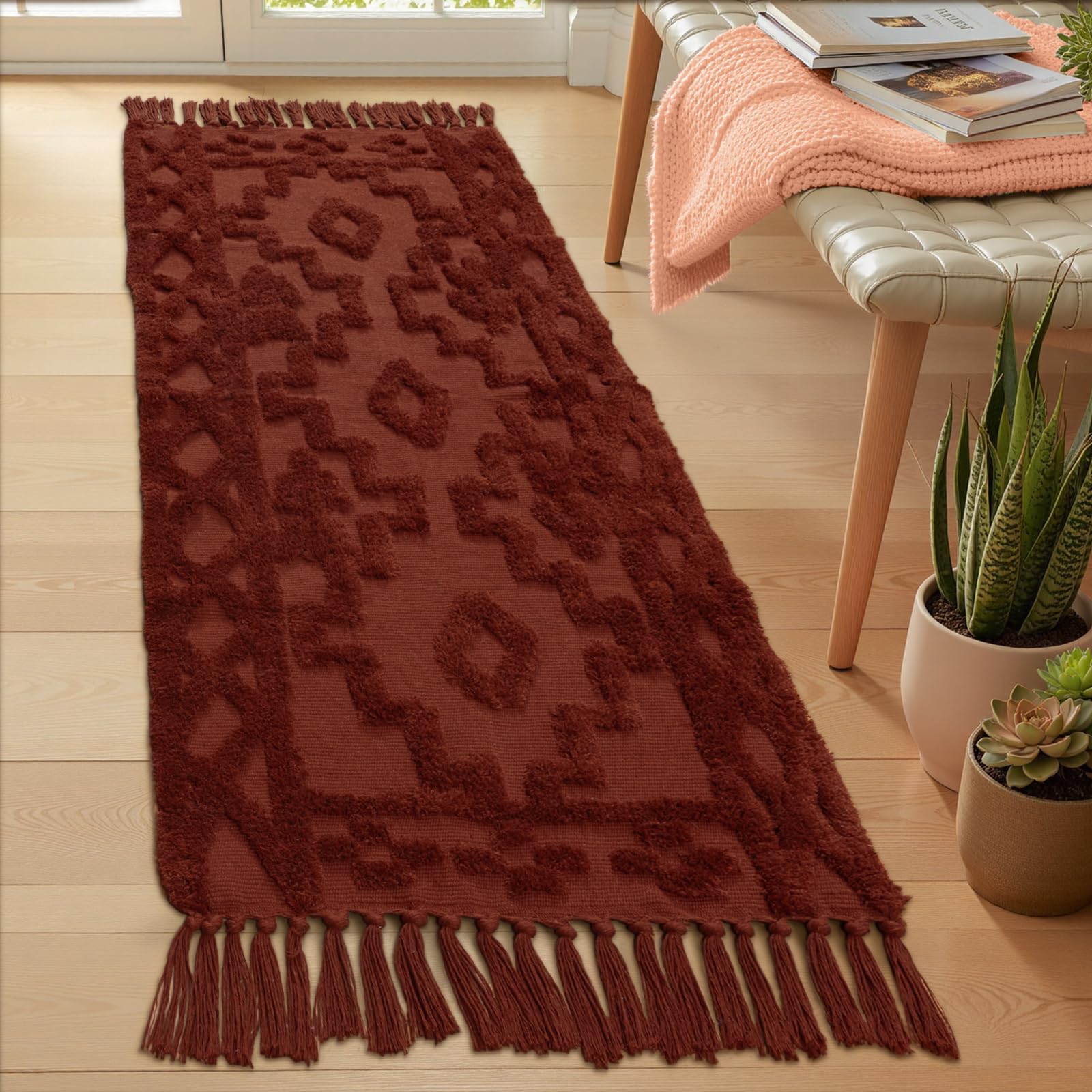 Uphome Boho Bathroom Rug 2' x 3', Washable Small Farmhouse Bedroom Rugs with Tassels, Beige Geometric Bath Mats for Home Decor, Cotton Woven Moroccan Tufted Throw Rug for Entryway Front Door Kitchen