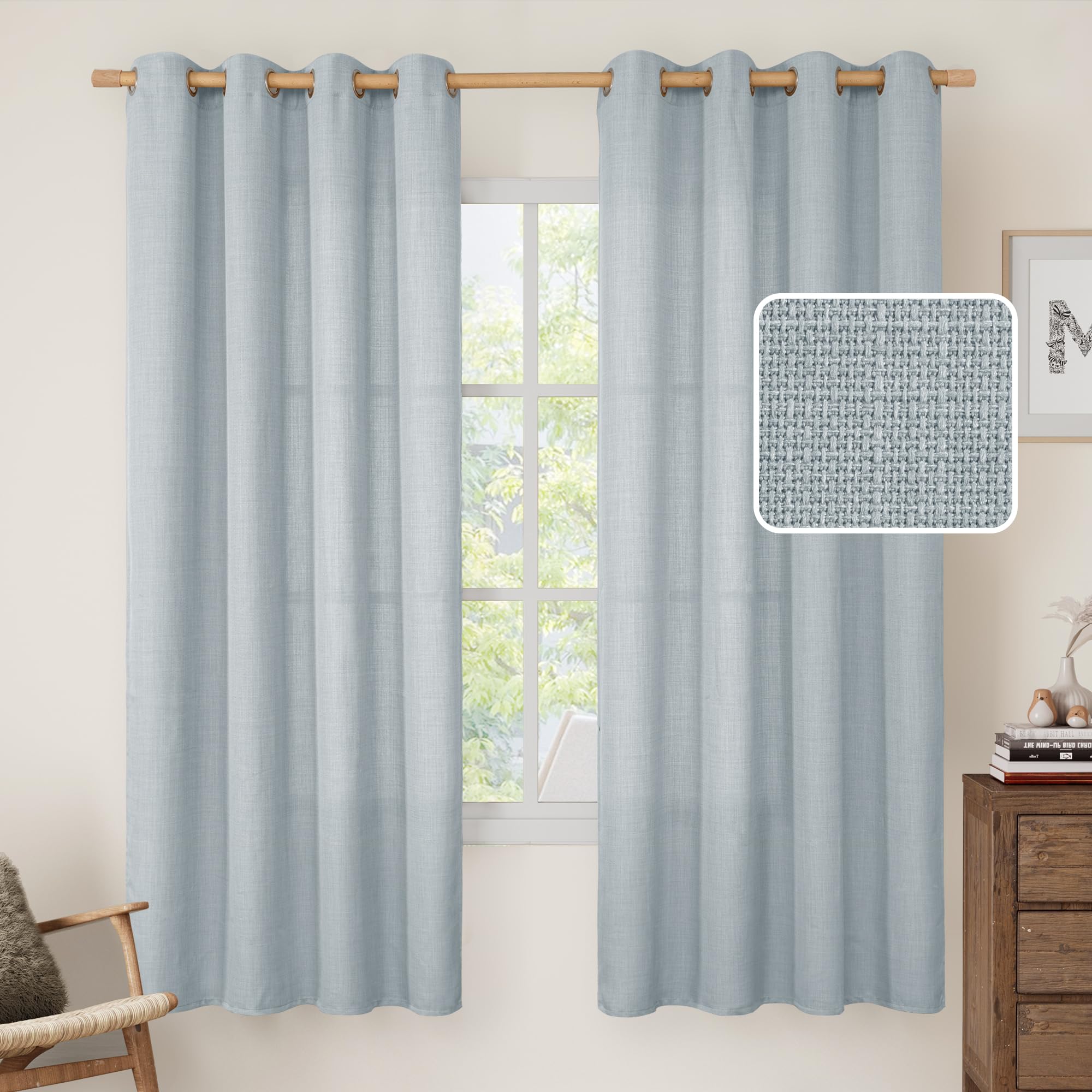 LAMIT Natural Ivory Linen Semi Sheer Curtains 84 inch Length, Cream Light Filtering Soft Thick Neutral Living Room Drapes with Bronze Grommet for Bedroom/Farmhouse, 2 Panels, 52 x 84 Inch