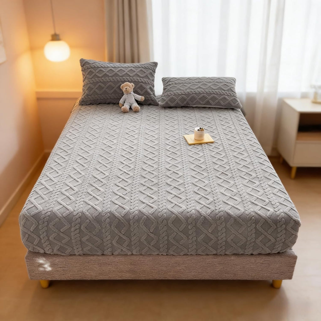 1pc Jacquard Plush Fitted Sheet, Thickened Non-Slip Fleece Bed Cover, Cozy Soft Filling, Ideal for Fall & Winter, Suitable for Bedrooms & Hotel Rooms,Pillowcases Not Included(Gray,35.4" x 78.7")