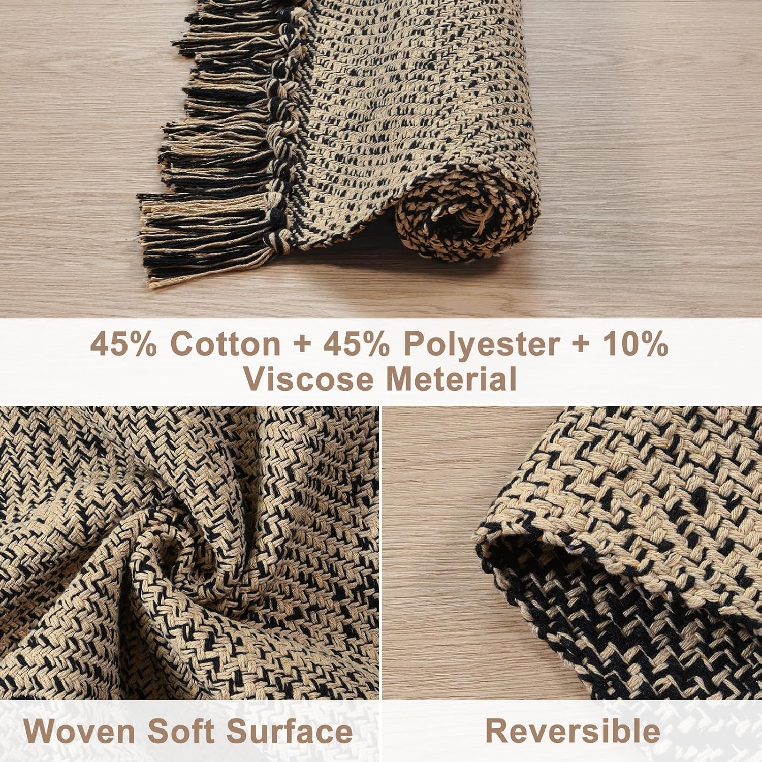 Collive 4x6 Area Rug, Natural/Black Woven Cotton Washable Modern Bedroom Rugs, Boho Dining Room Door Rug Carpet with Tassel for Living Room Nursery Room Office, Outdoor Rug for Patio Hallway Decor