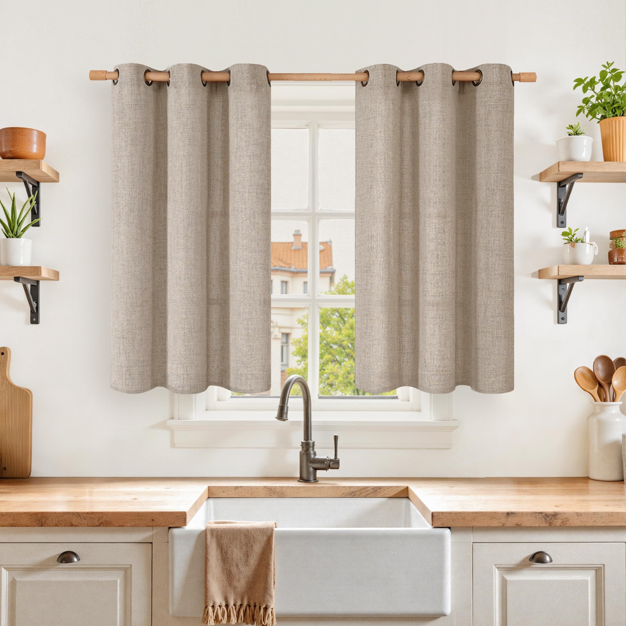 YoungsTex Linen Semi Sheer Curtains 63 Inch Length 2 Panels for Living Room - Light Filtering Drapes with Bronze Grommet Beige Window Treatments for Country Office Bedroom, 52 X 63 Inch