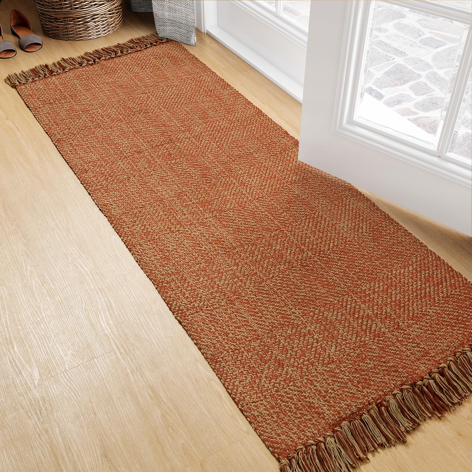 Collive Washable Area Rug 3' x 5', Modern Farmhouse Woven Kitchen Rugs, Tan/Cream Indoor Outddor Mat Braided Throw Carpet for Entryway Bedroom Nursery Laundry Living Room