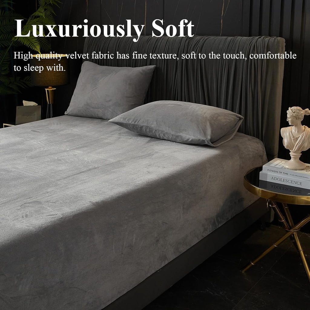 Ivellow Velvet Fitted Sheet Queen Size, 1 Pack Luxury Flannel Bed Sheets with 18” Extra Deep Pocket Queen Fitted Sheet Only Extra Soft Cozy Comfy Warmth Plush Grey Velvet Bottom Sheets No Pillowcases