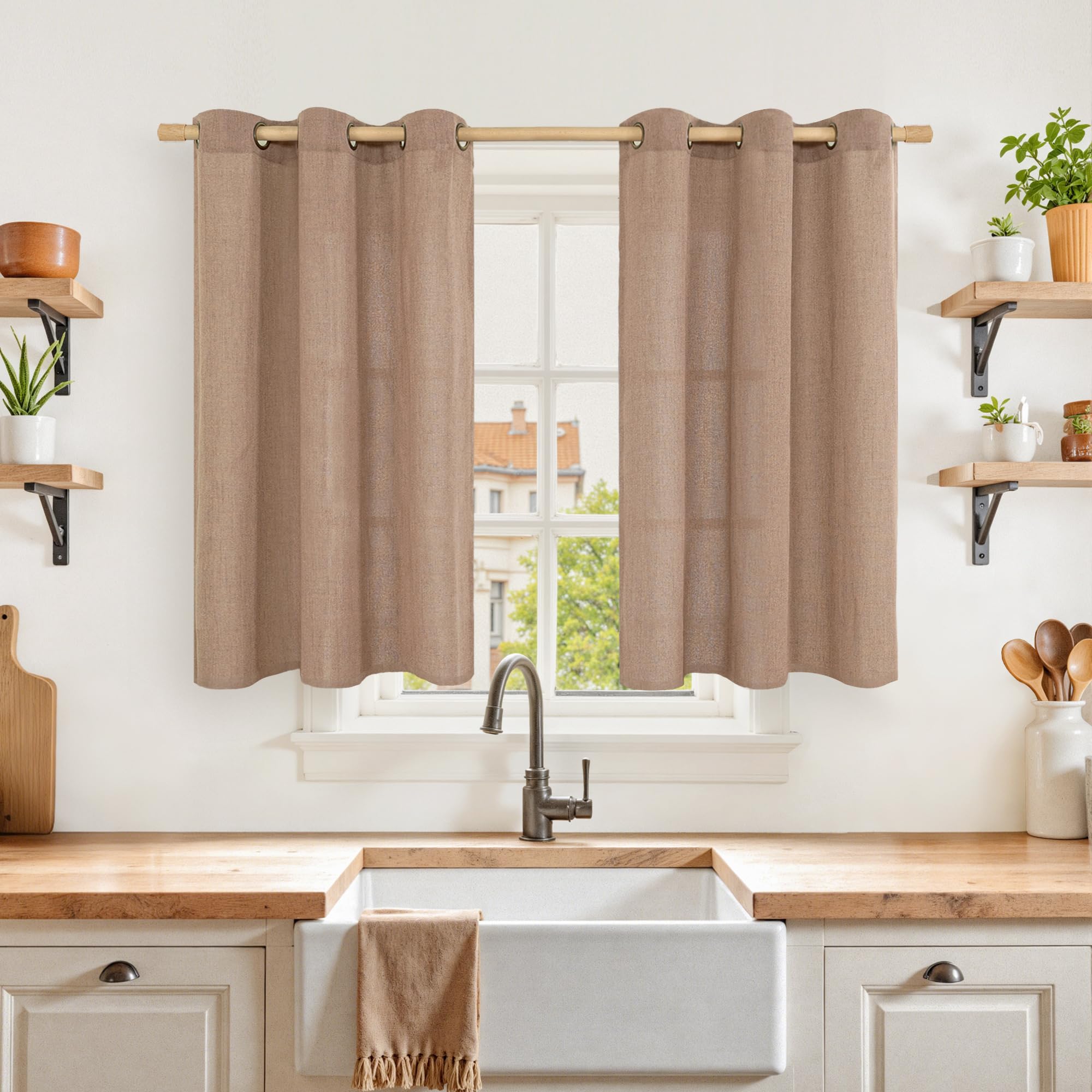 YoungsTex Linen Semi Sheer Curtains 63 Inch Length 2 Panels for Living Room - Light Filtering Drapes with Bronze Grommet Beige Window Treatments for Country Office Bedroom, 52 X 63 Inch