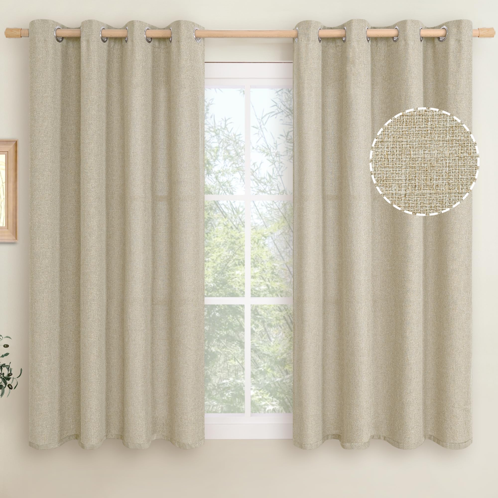 LAMIT Linen Curtains 84 inch Length 2 Panels, Grommet Thick Soft Light Filtering Curtains Privacy Living Room Window Drapes for Bedroom/Farmhouse, W52 x L84, Natural Beige