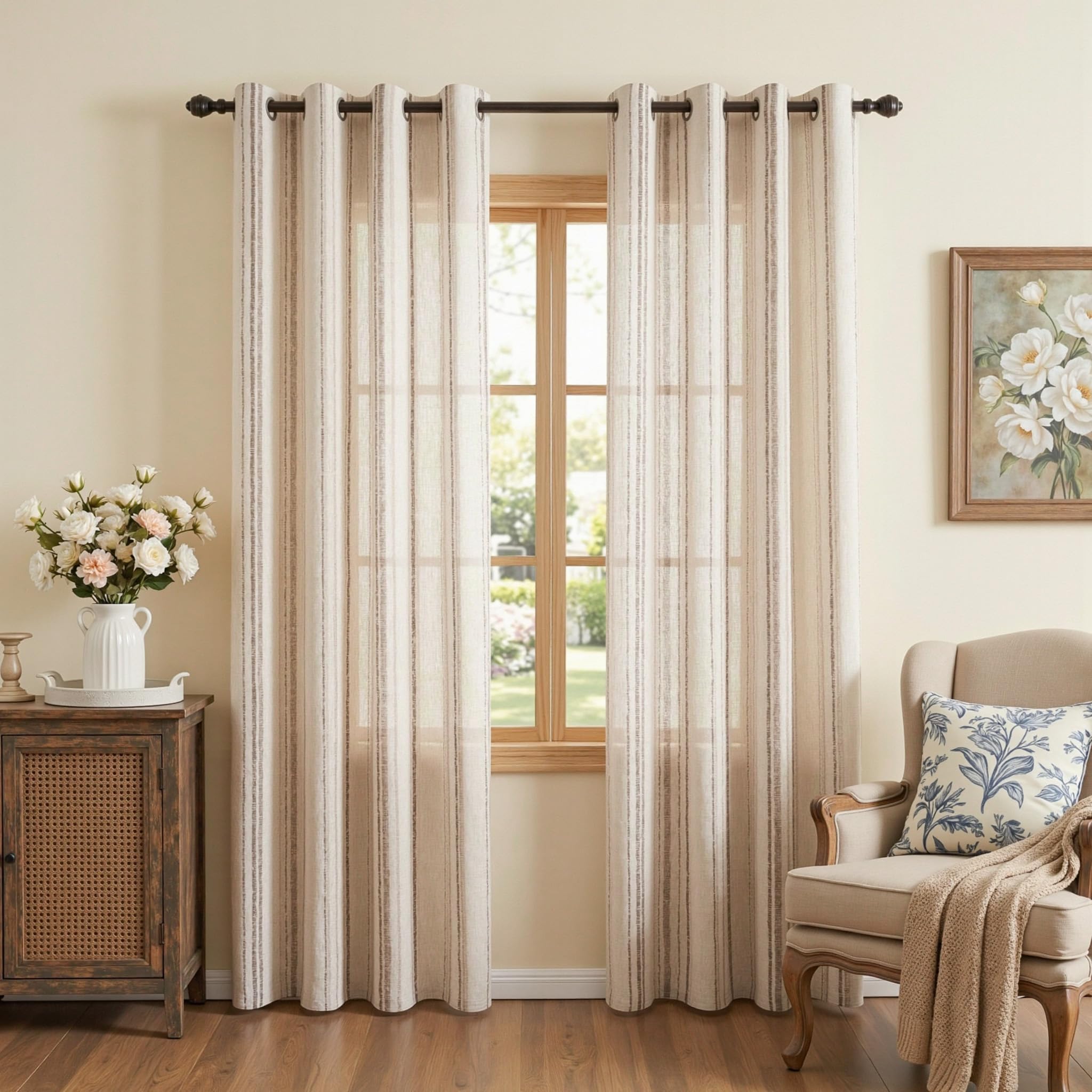 MYSKY HOME Grey Striped Linen Curtains 84 Inches Long Farmhouse Rustic for Bedroom Living Room Light Filtering Ticking Stripe Pinstripe Gray and White Patterned Drapes, Grommet, 2 Panels, 52" Wide