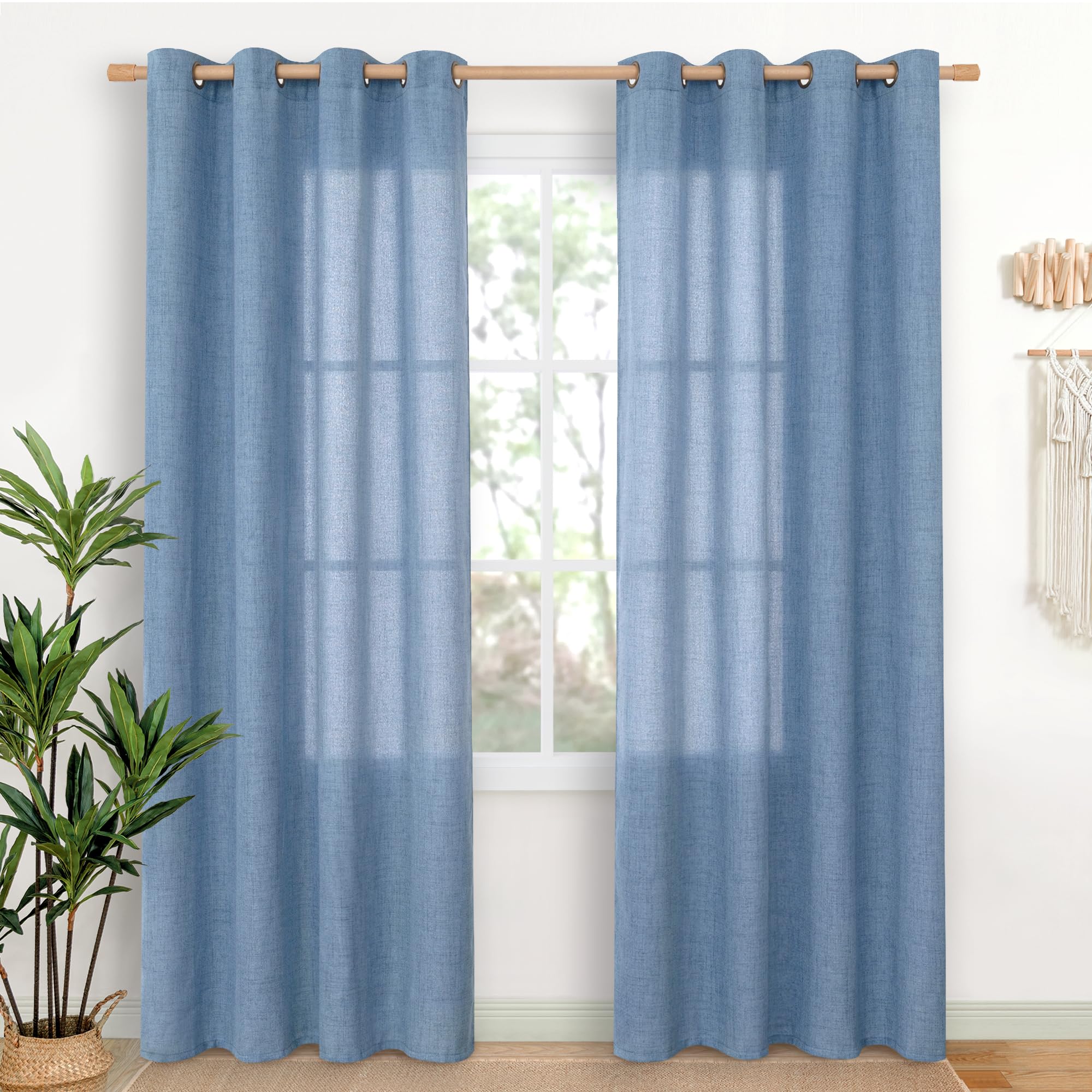 YoungsTex Linen Semi Sheer Curtains 63 Inch Length 2 Panels for Living Room - Light Filtering Drapes with Bronze Grommet Beige Window Treatments for Country Office Bedroom, 52 X 63 Inch