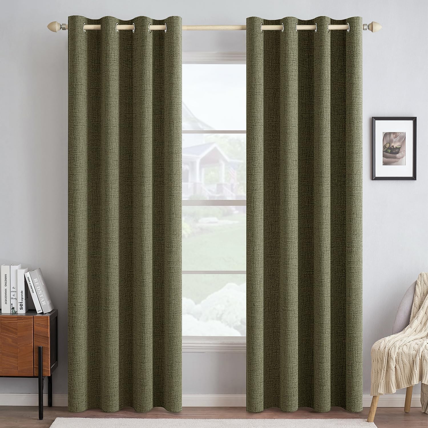 MIULEE 100% Blackout Linen Textured Curtains for Bedroom Solid Thermal Insulated Natural Beige Grommet Room Darkening Curtains & Drapes Luxury Decor for Living Room Nursery 52 x 96 Inch (2 Panels)
