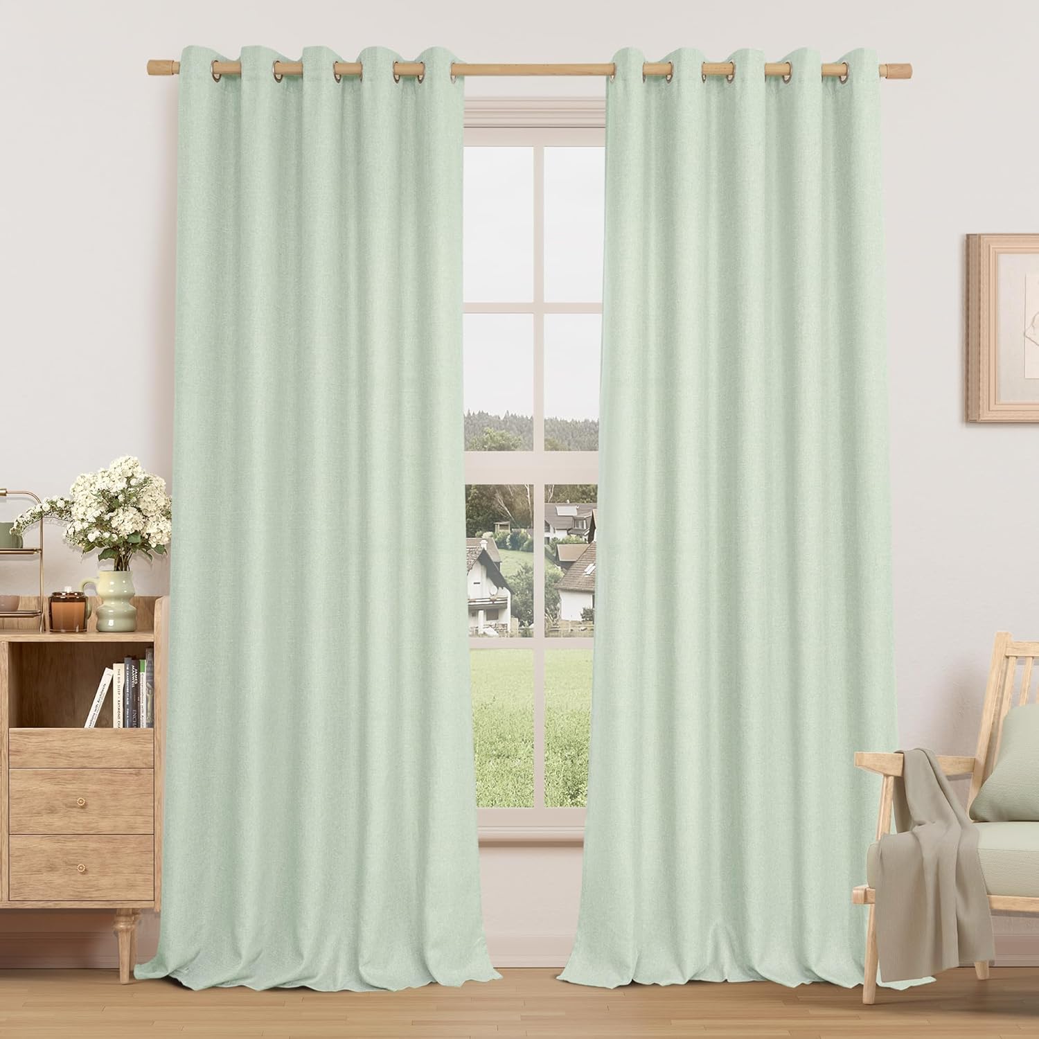 LAMIT Linen Curtains 84 inch Length 2 Panels, Grommet Thick Soft Light Filtering Curtains Privacy Living Room Window Drapes for Bedroom/Farmhouse, W52 x L84, Natural Beige