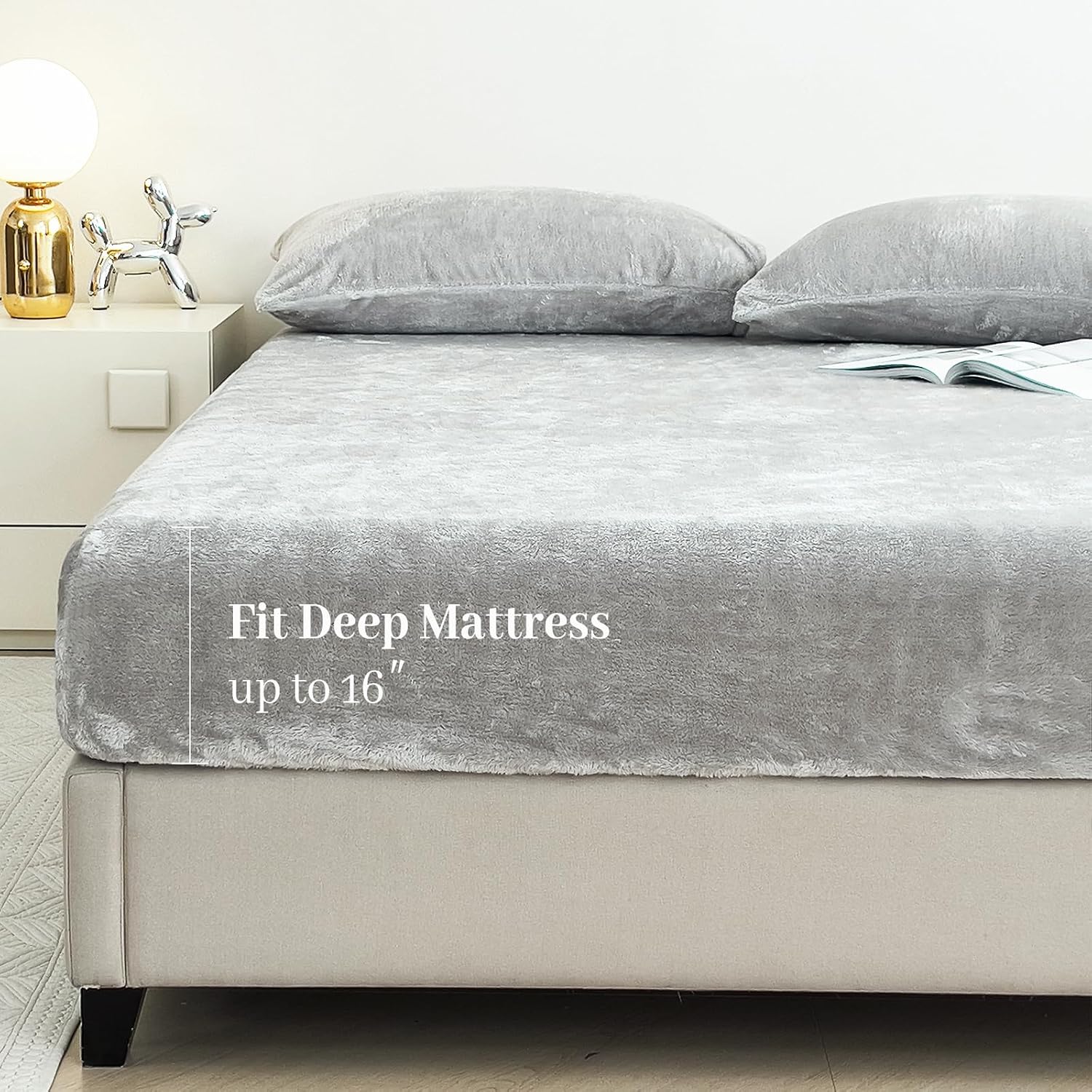 YIYEA Fleece Fitted Sheet Only, Ultra Soft Fluffy Plush Velvet Deep Pocket Fitted Bottom Sheet for Fall Winter, Cozy Warmth and No Shedding, Light Gray, Queen