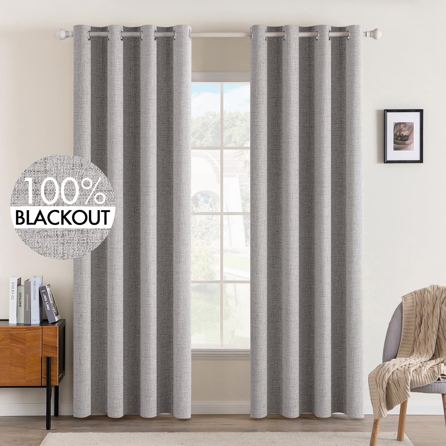 MIULEE 100% Blackout Linen Textured Curtains for Bedroom Solid Thermal Insulated Cream Grommet Room Darkening Curtains & Drapes Luxury Decor for Living Room Nursery 52 x 84 Inch (2 Panels)