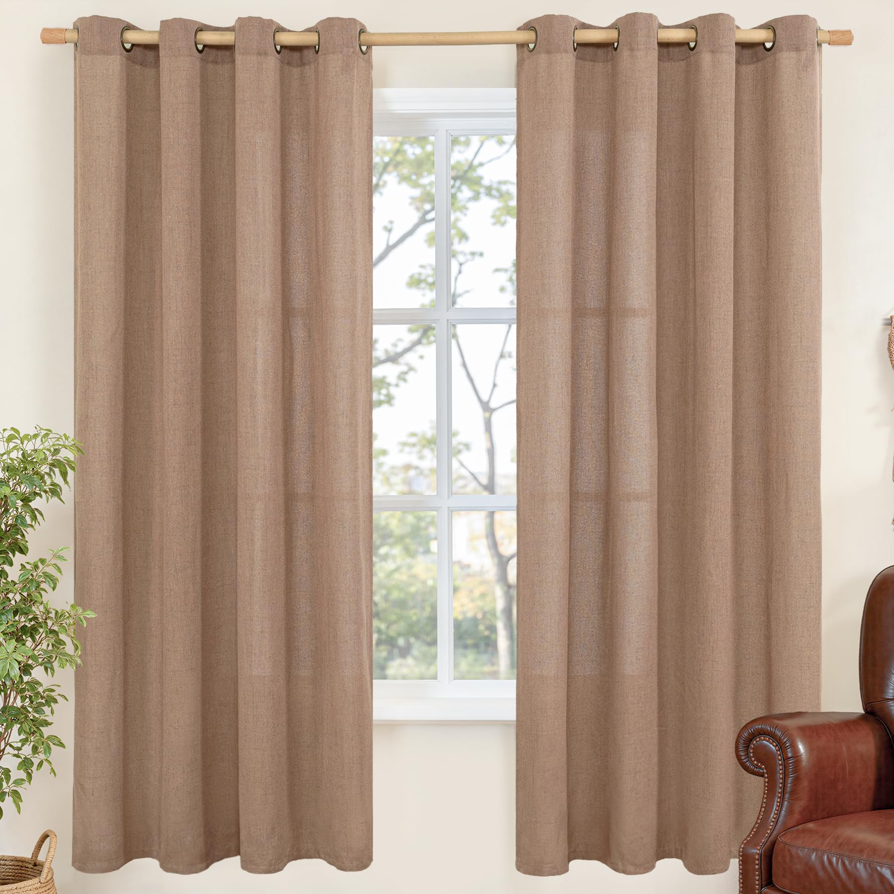 YoungsTex Linen Semi Sheer Curtains 63 Inch Length 2 Panels for Living Room - Light Filtering Drapes with Bronze Grommet Beige Window Treatments for Country Office Bedroom, 52 X 63 Inch