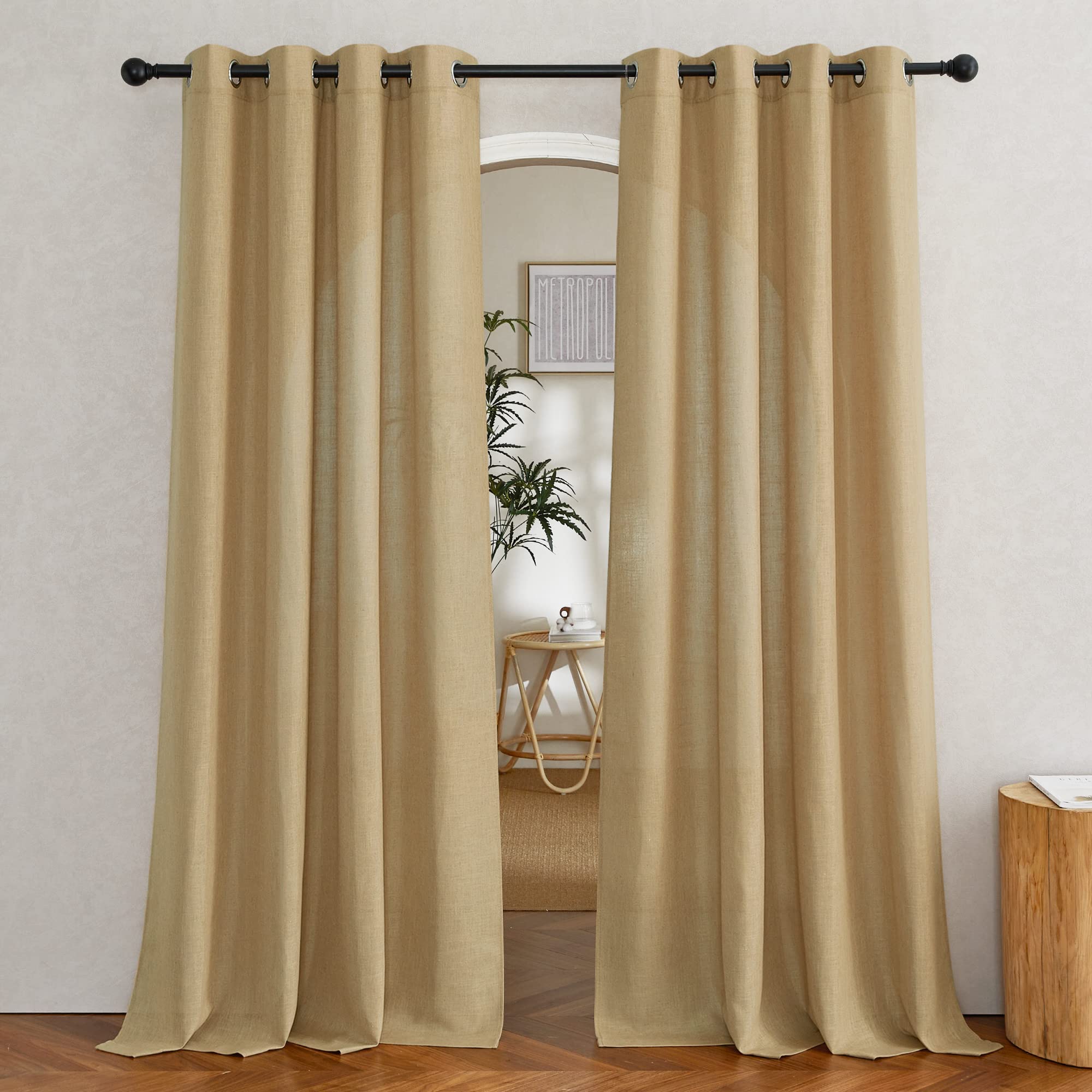 NICETOWN Semi Sheer Linen Curtains for Bedroom 84 inches Long, Grommet Privacy Vertical Farmhouse Window with Light Filtering for Living Room, Natural, W52 x L84, 2 Pieces