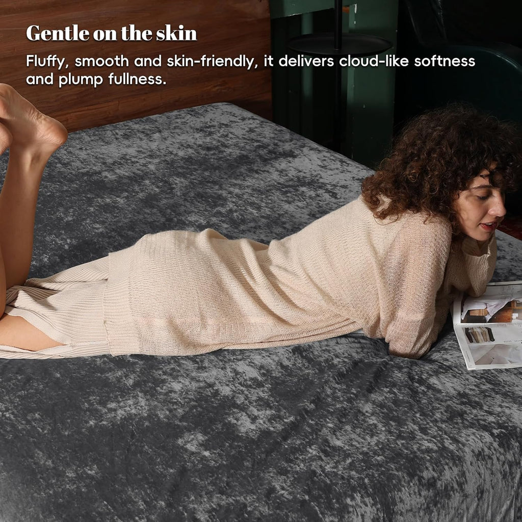 PHF Truly Velvet Fitted Sheet Only Queen Size, Luxury Super Soft Cozy Fuzzy Fleece Bottom Sheet with Deep Pocket Up to 16",Suitable for Fall Winter Spring, No Pillowcases, Charcoal/Dark Grey