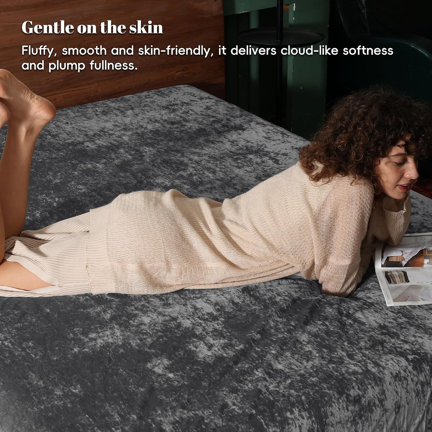 PHF Truly Velvet Fitted Sheet Only Queen Size, Luxury Super Soft Cozy Fuzzy Fleece Bottom Sheet with Deep Pocket Up to 16",Suitable for Fall Winter Spring, No Pillowcases, Charcoal/Dark Grey
