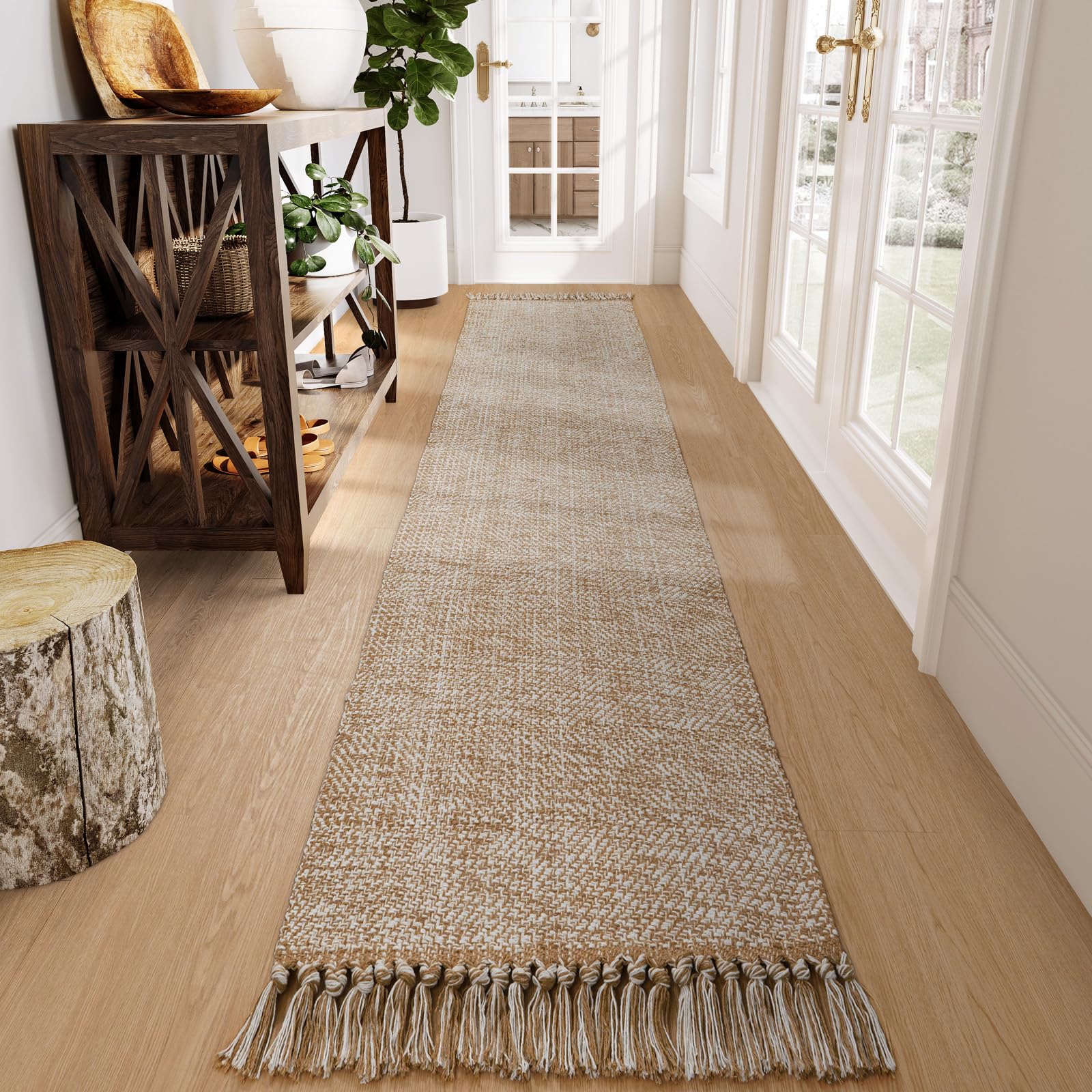 Collive Washable Area Rug 3' x 5', Modern Farmhouse Woven Kitchen Rugs, Tan/Cream Indoor Outddor Mat Braided Throw Carpet for Entryway Bedroom Nursery Laundry Living Room